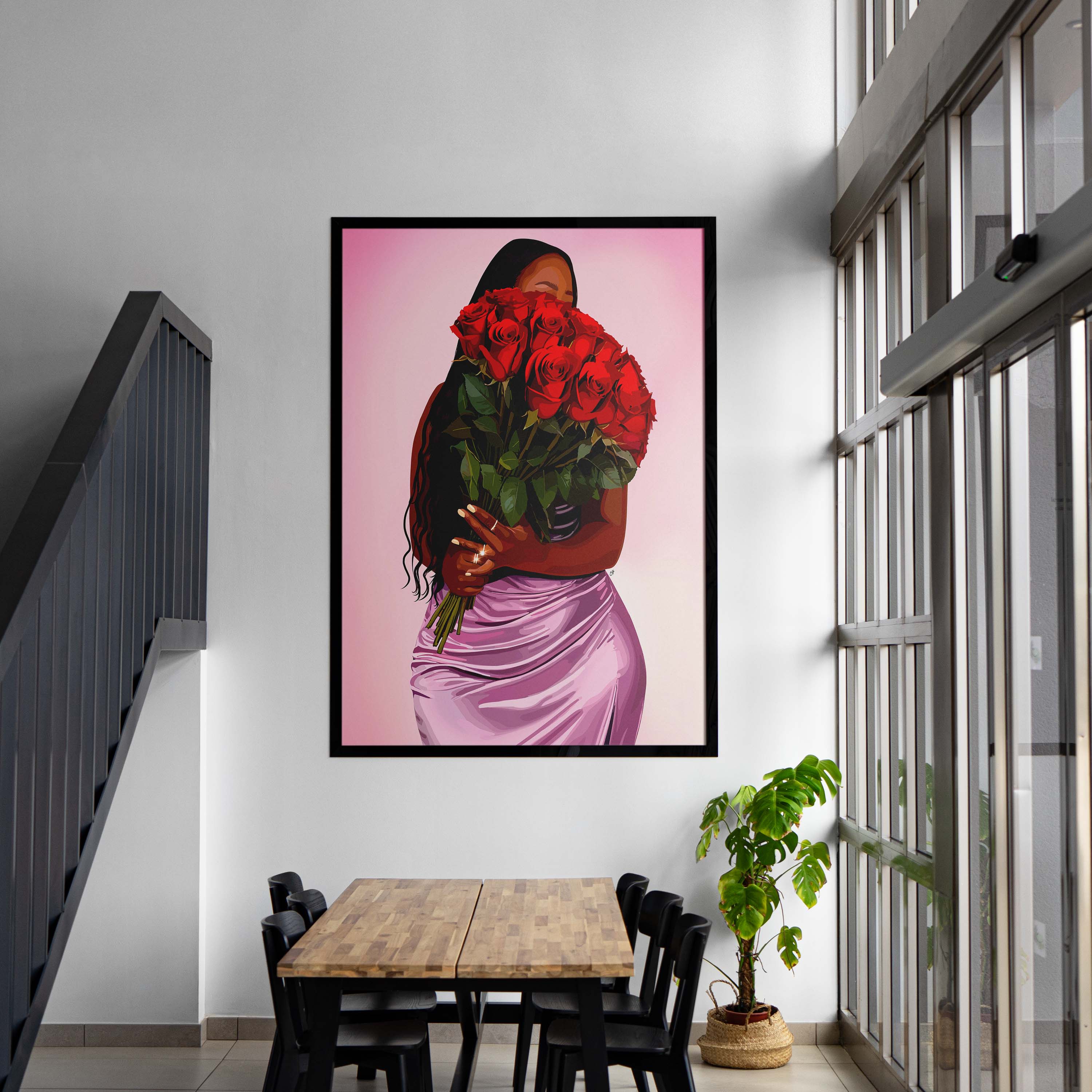 Roses Like Her-wall art print featuring decorative artistic design suitable for living rooms, offices, and schools by SmardArt. Elevate your space with Black wall art that speaks to culture, identity, and creativity. At Smard, we celebrate artistry made with melanin, bringing powerful and inspiring designs to life.
