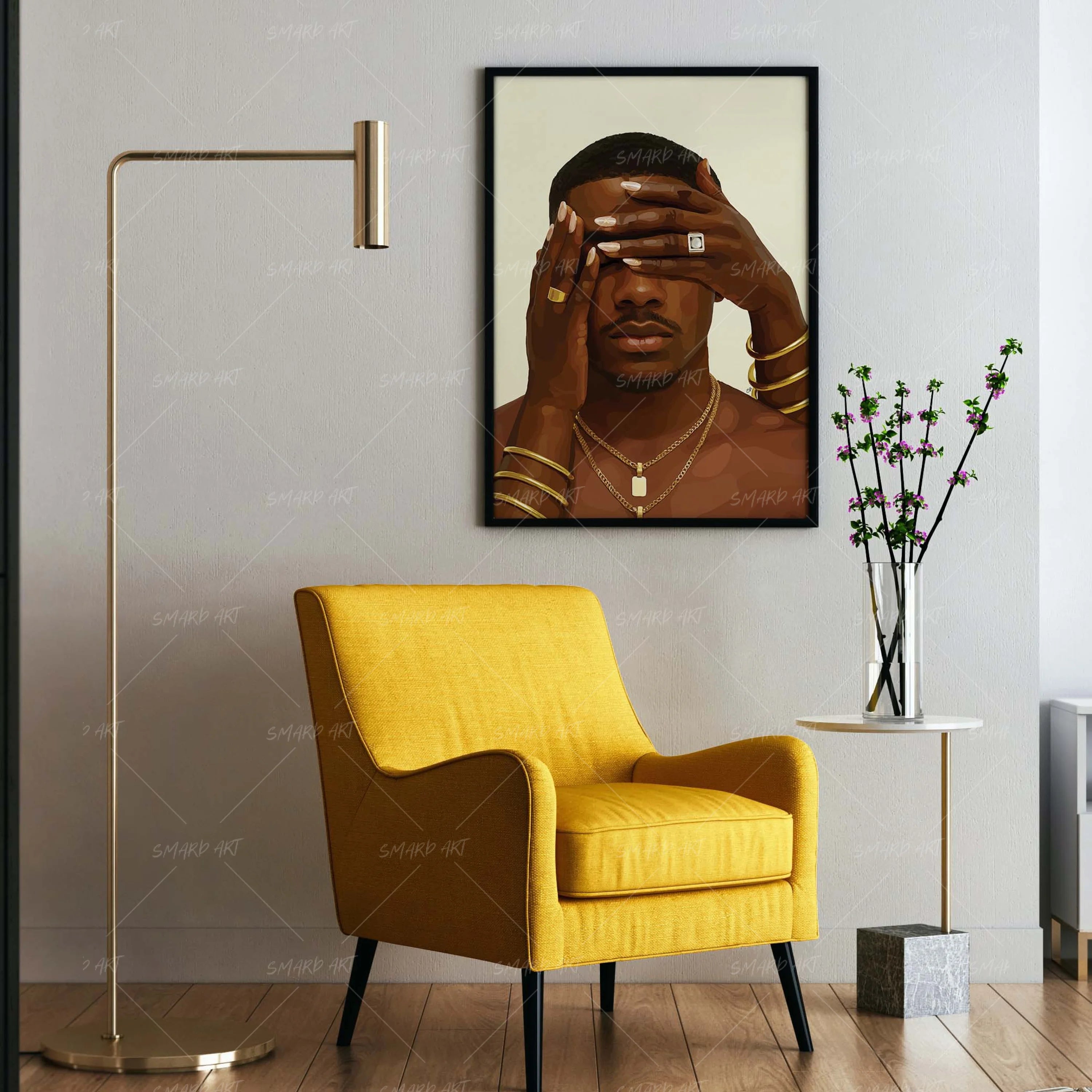 Love Blindfold-wall art print featuring decorative artistic design suitable for living rooms, offices, and schools by SmardArt. Elevate your space with Black wall art that speaks to culture, identity, and creativity. At Smard, we celebrate artistry made with melanin, bringing powerful and inspiring designs to life.