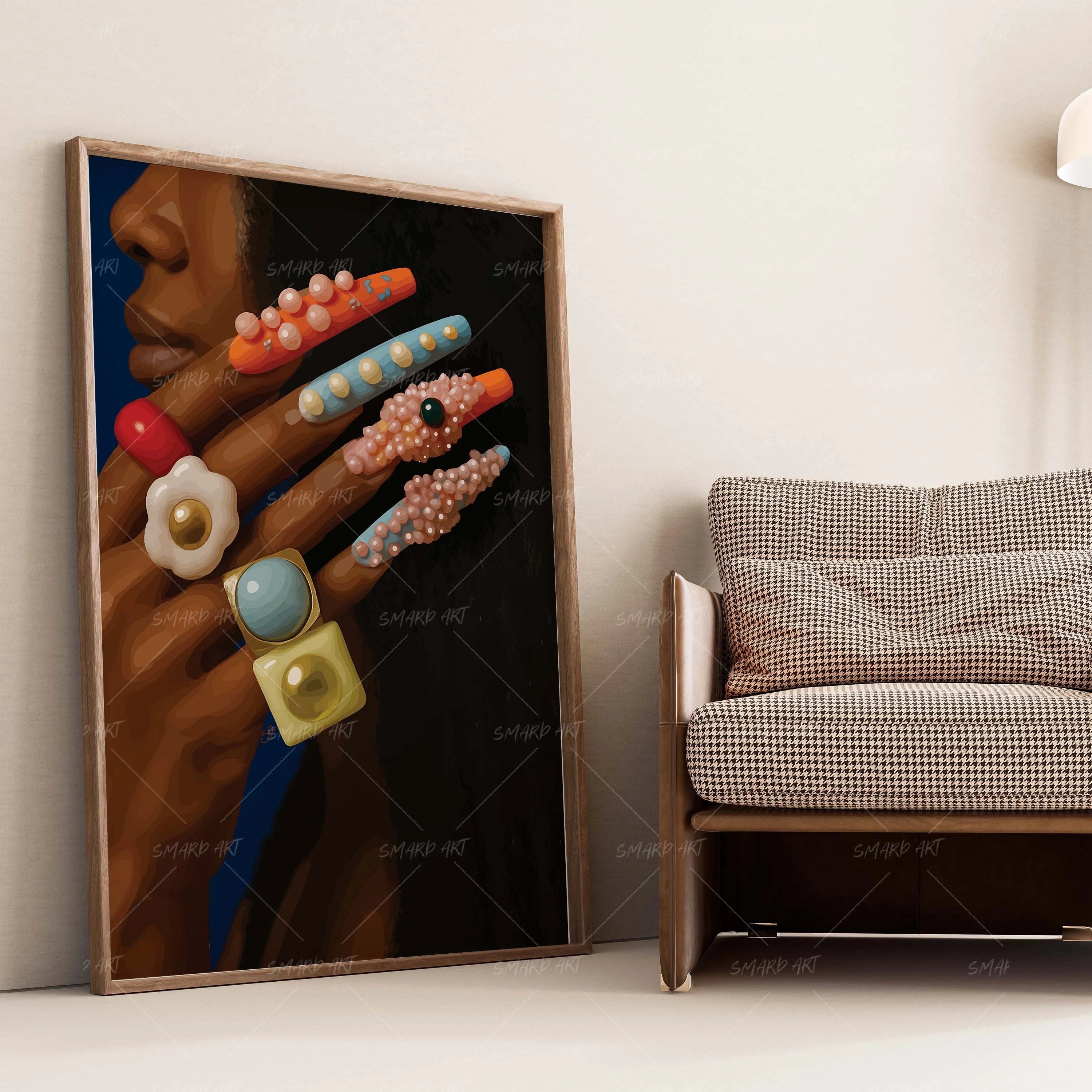 Afro & Nails-wall art print featuring decorative artistic design suitable for living rooms, offices, and schools by SmardArt. Elevate your space with Black wall art that speaks to culture, identity, and creativity. At Smard, we celebrate artistry made with melanin, bringing powerful and inspiring designs to life.