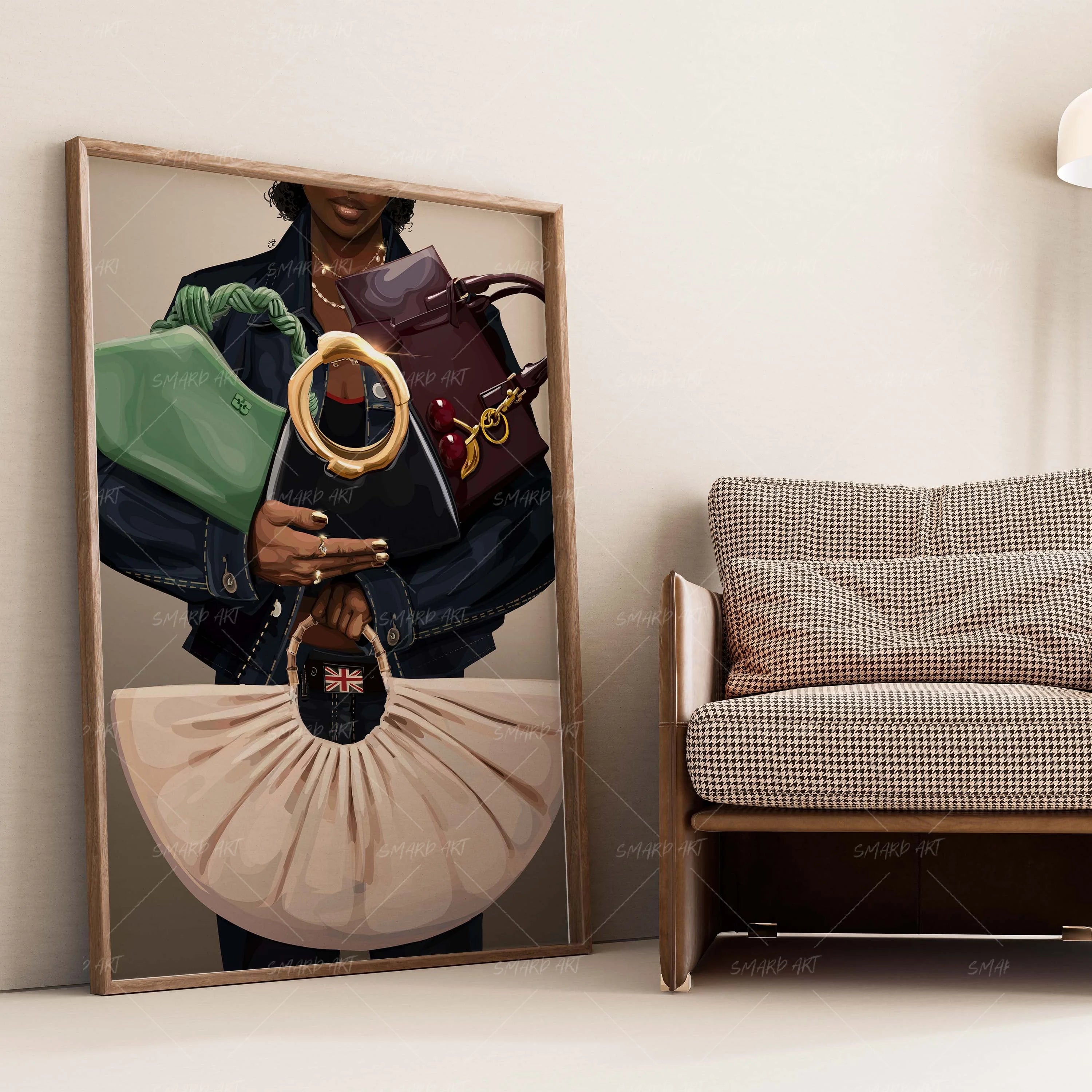 Bag Babe-wall art print featuring decorative artistic design suitable for living rooms, offices, and schools by SmardArt. Elevate your space with Black wall art that speaks to culture, identity, and creativity. At Smard, we celebrate artistry made with melanin, bringing powerful and inspiring designs to life.