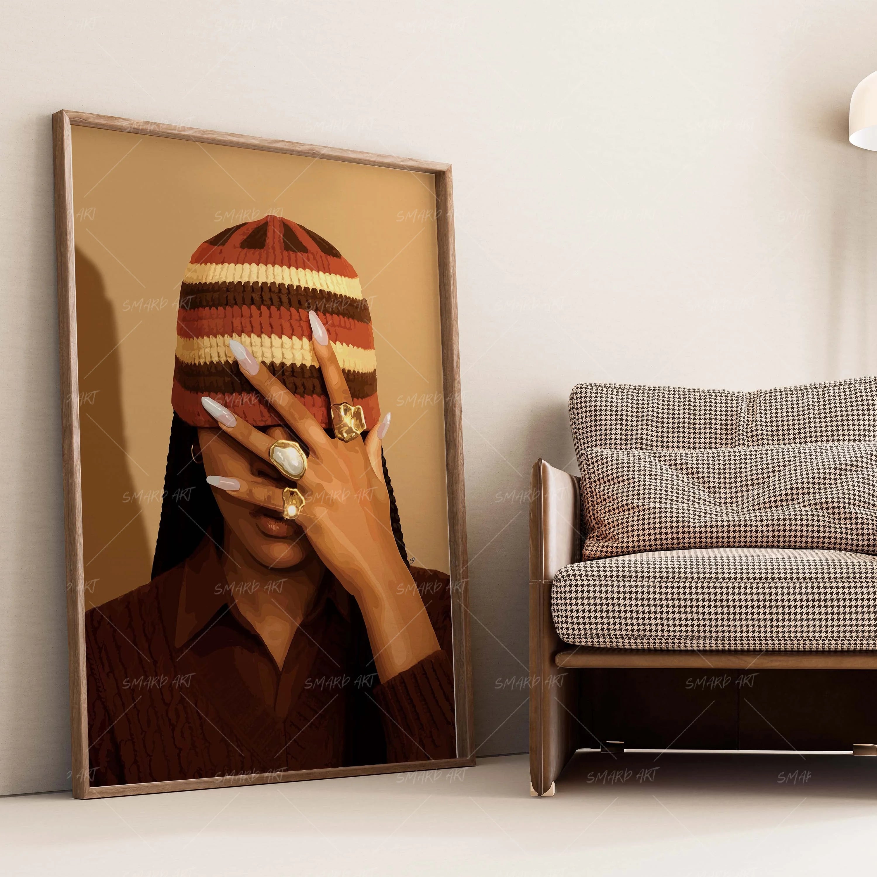 Beanie Glow-wall art print featuring decorative artistic design suitable for living rooms, offices, and schools by SmardArt. Elevate your space with Black wall art that speaks to culture, identity, and creativity. At Smard, we celebrate artistry made with melanin, bringing powerful and inspiring designs to life.