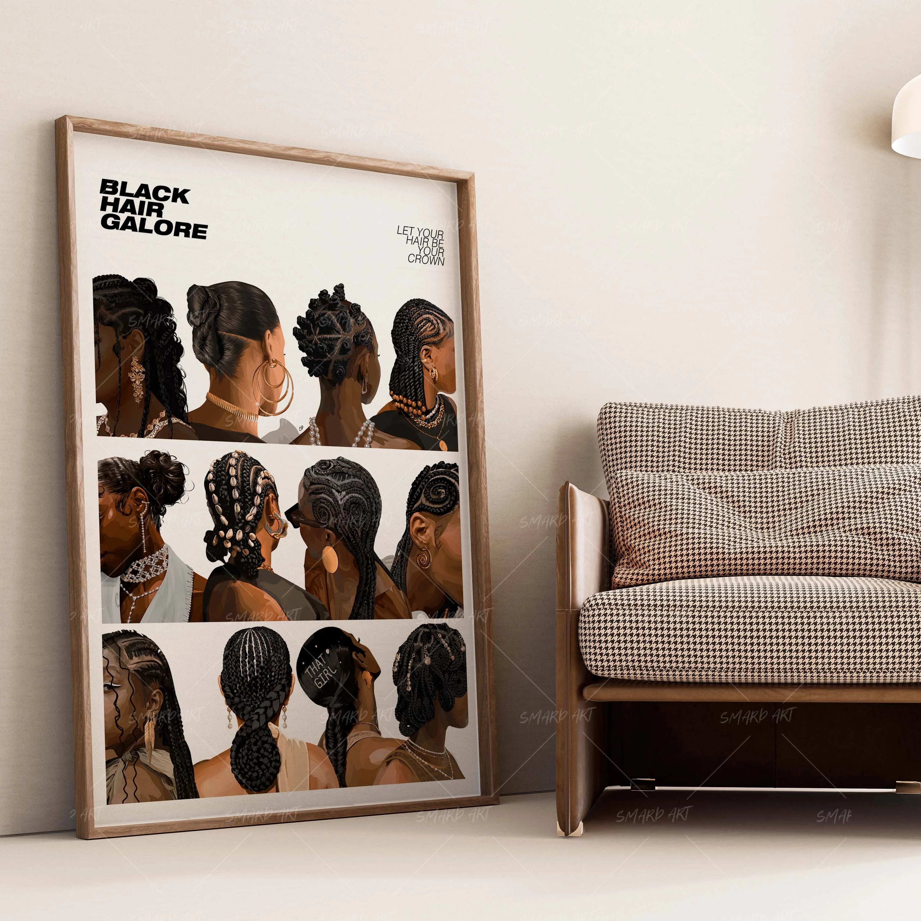 Black Hair Galore-wall art print featuring decorative artistic design suitable for living rooms, offices, and schools by SmardArt. Elevate your space with Black wall art that speaks to culture, identity, and creativity. At Smard, we celebrate artistry made with melanin, bringing powerful and inspiring designs to life.