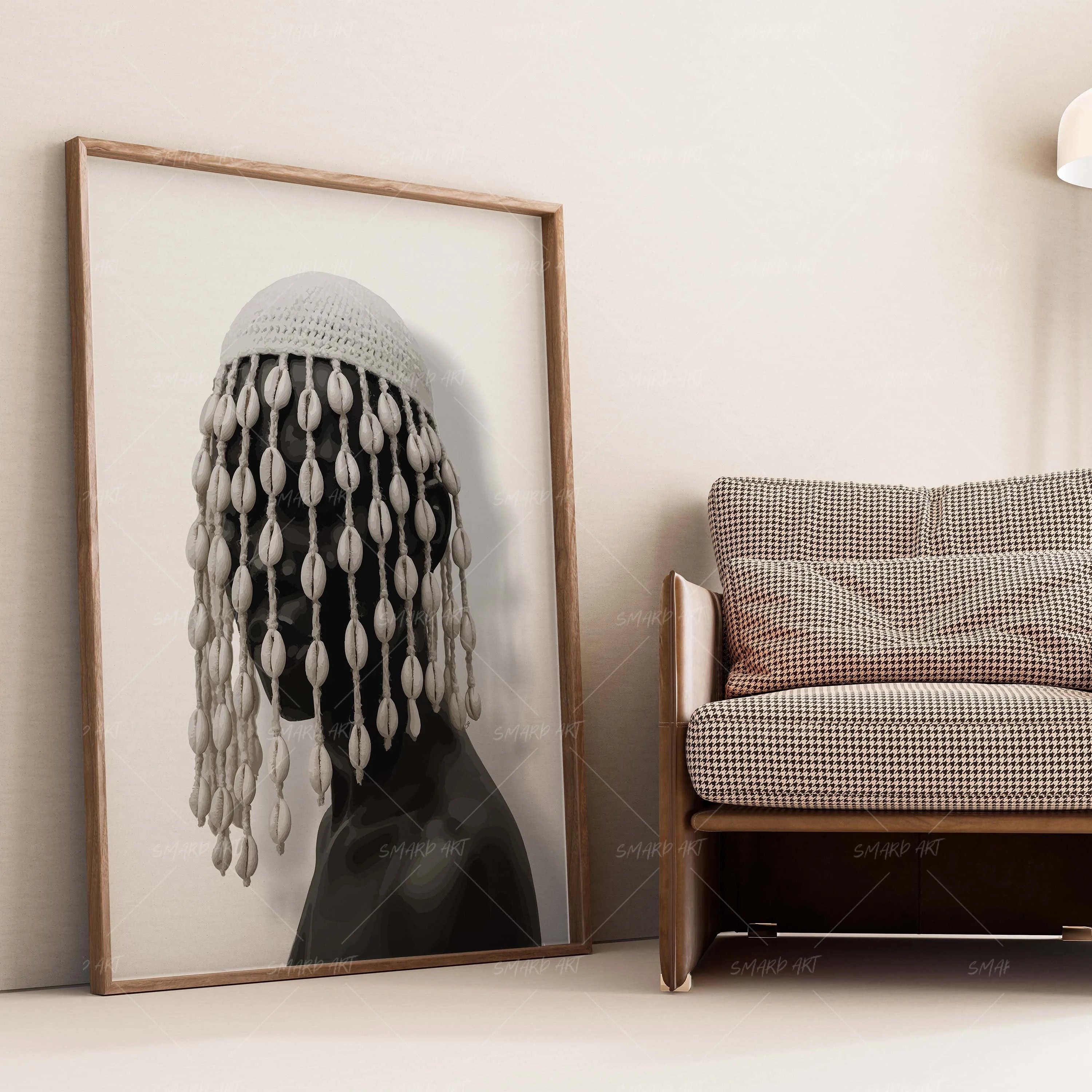 Crowned In Cowries-wall art print featuring decorative artistic design suitable for living rooms, offices, and schools by SmardArt. Elevate your space with Black wall art that speaks to culture, identity, and creativity. At Smard, we celebrate artistry made with melanin, bringing powerful and inspiring designs to life.