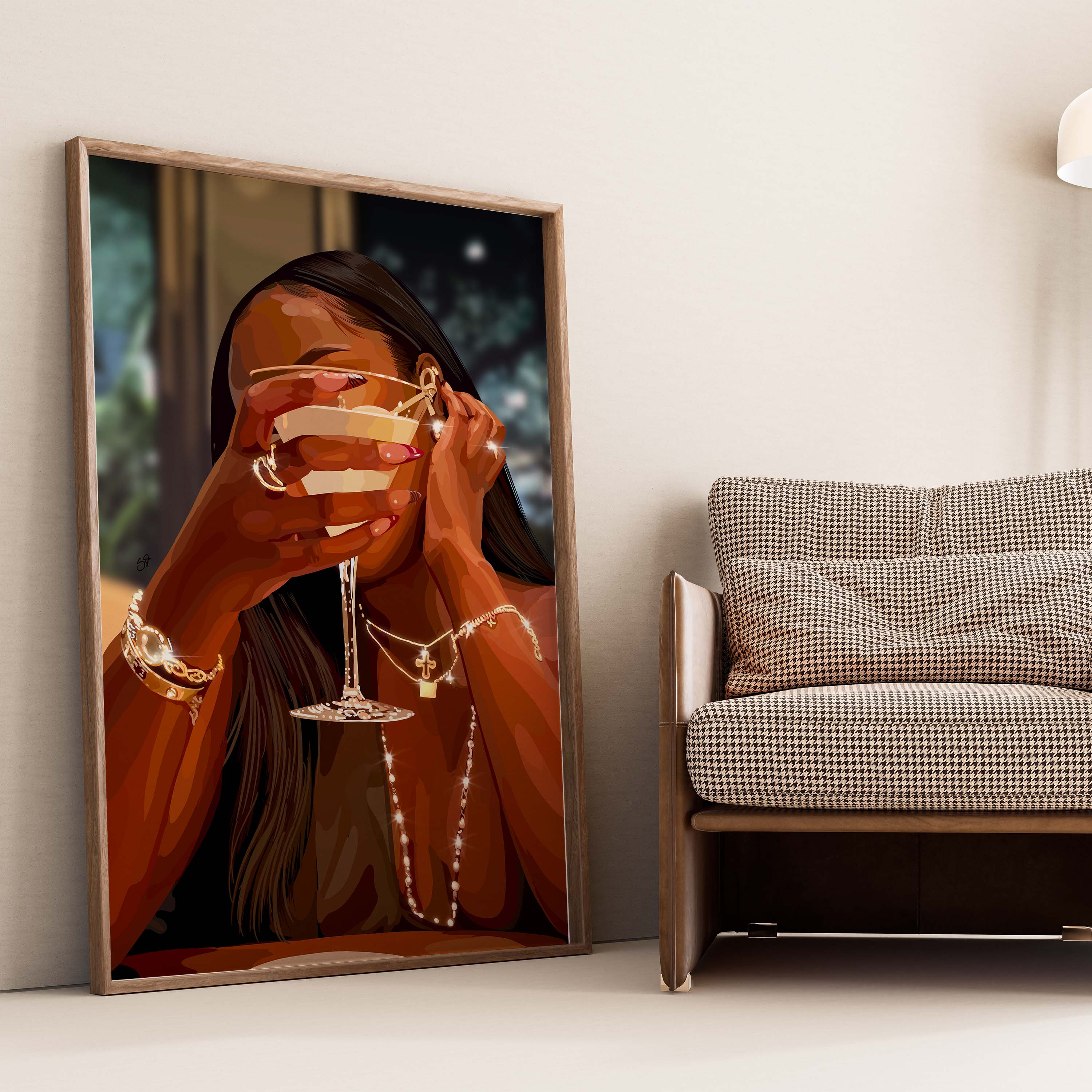 Sip and Shine-wall art print featuring decorative artistic design suitable for living rooms, offices, and schools by SmardArt. Elevate your space with Black wall art that speaks to culture, identity, and creativity. At Smard, we celebrate artistry made with melanin, bringing powerful and inspiring designs to life.
