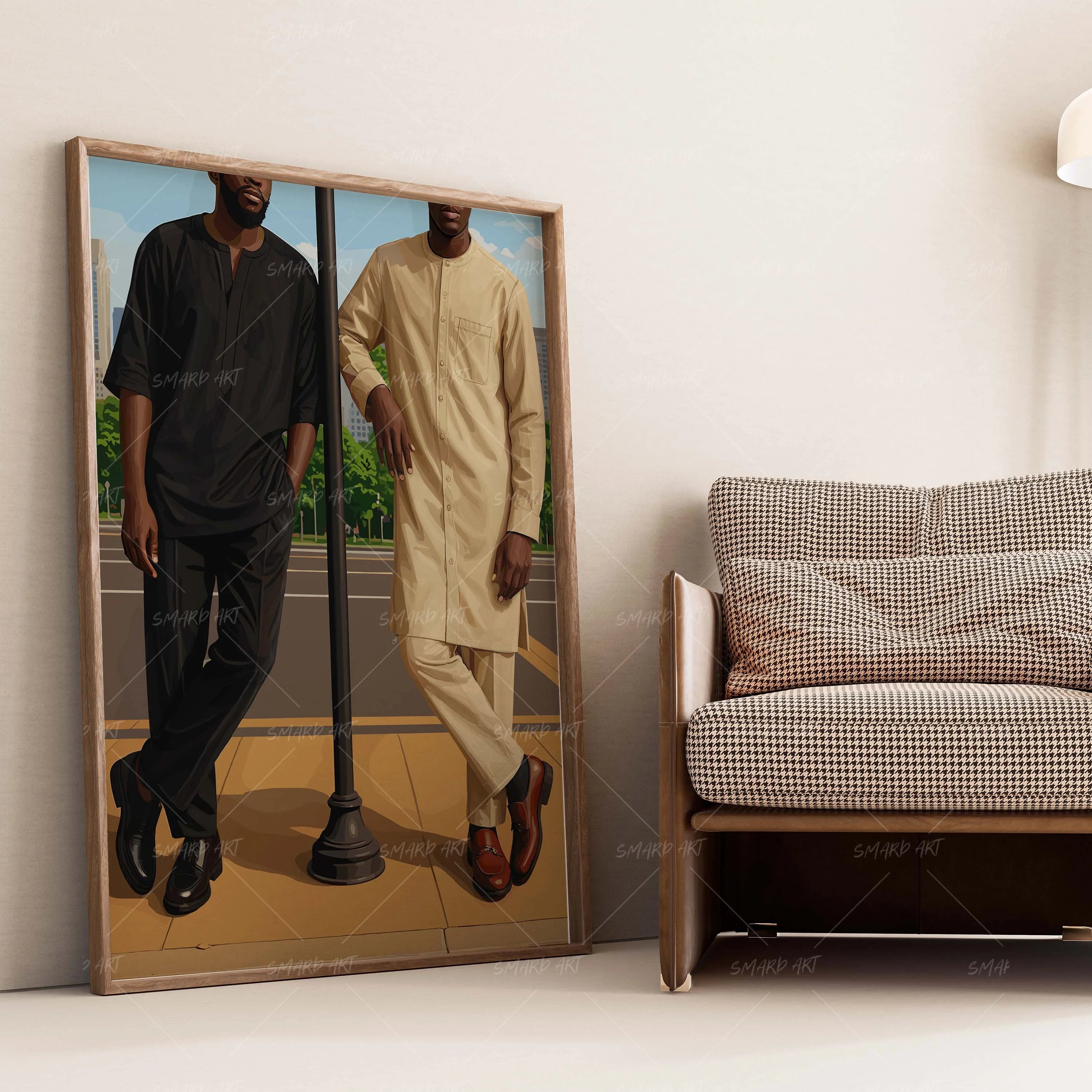 Men In Kaftan-wall art print featuring decorative artistic design suitable for living rooms, offices, and schools by SmardArt. Elevate your space with Black wall art that speaks to culture, identity, and creativity. At Smard, we celebrate artistry made with melanin, bringing powerful and inspiring designs to life.