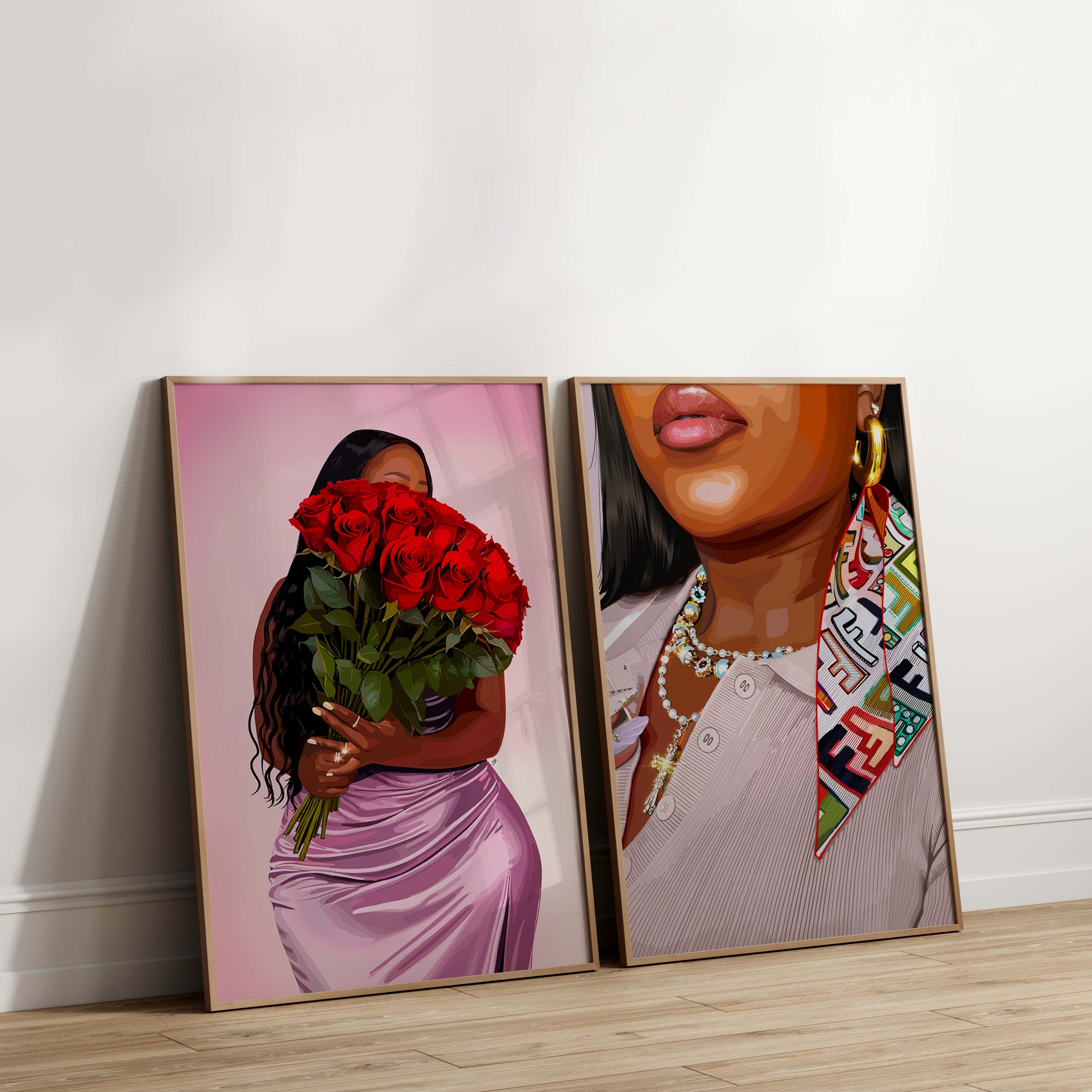 Roses Like Her-wall art print featuring decorative artistic design suitable for living rooms, offices, and schools by SmardArt. Elevate your space with Black wall art that speaks to culture, identity, and creativity. At Smard, we celebrate artistry made with melanin, bringing powerful and inspiring designs to life.