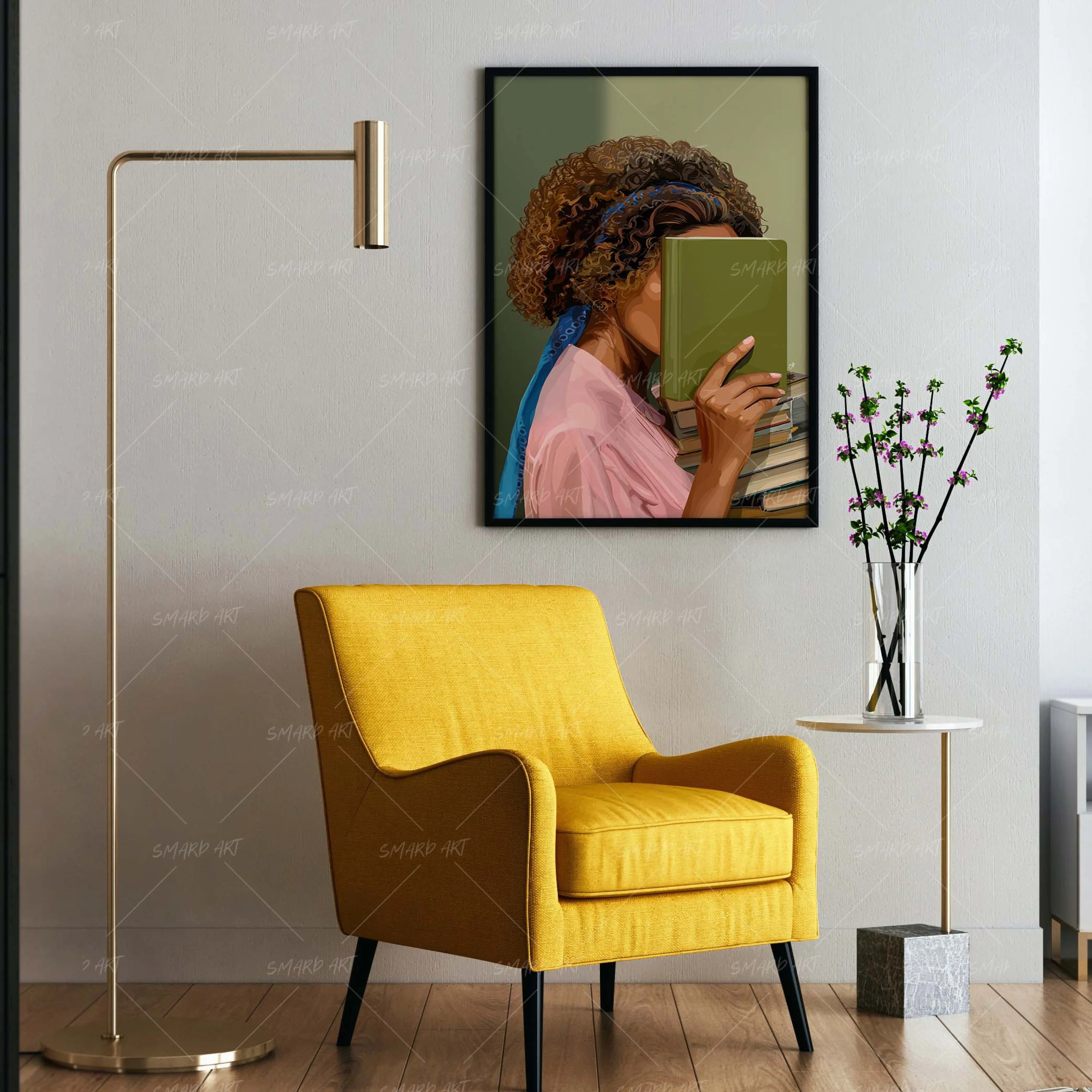 Bookworm III-wall art print featuring decorative artistic design suitable for living rooms, offices, and schools by SmardArt. Elevate your space with Black wall art that speaks to culture, identity, and creativity. At Smard, we celebrate artistry made with melanin, bringing powerful and inspiring designs to life.