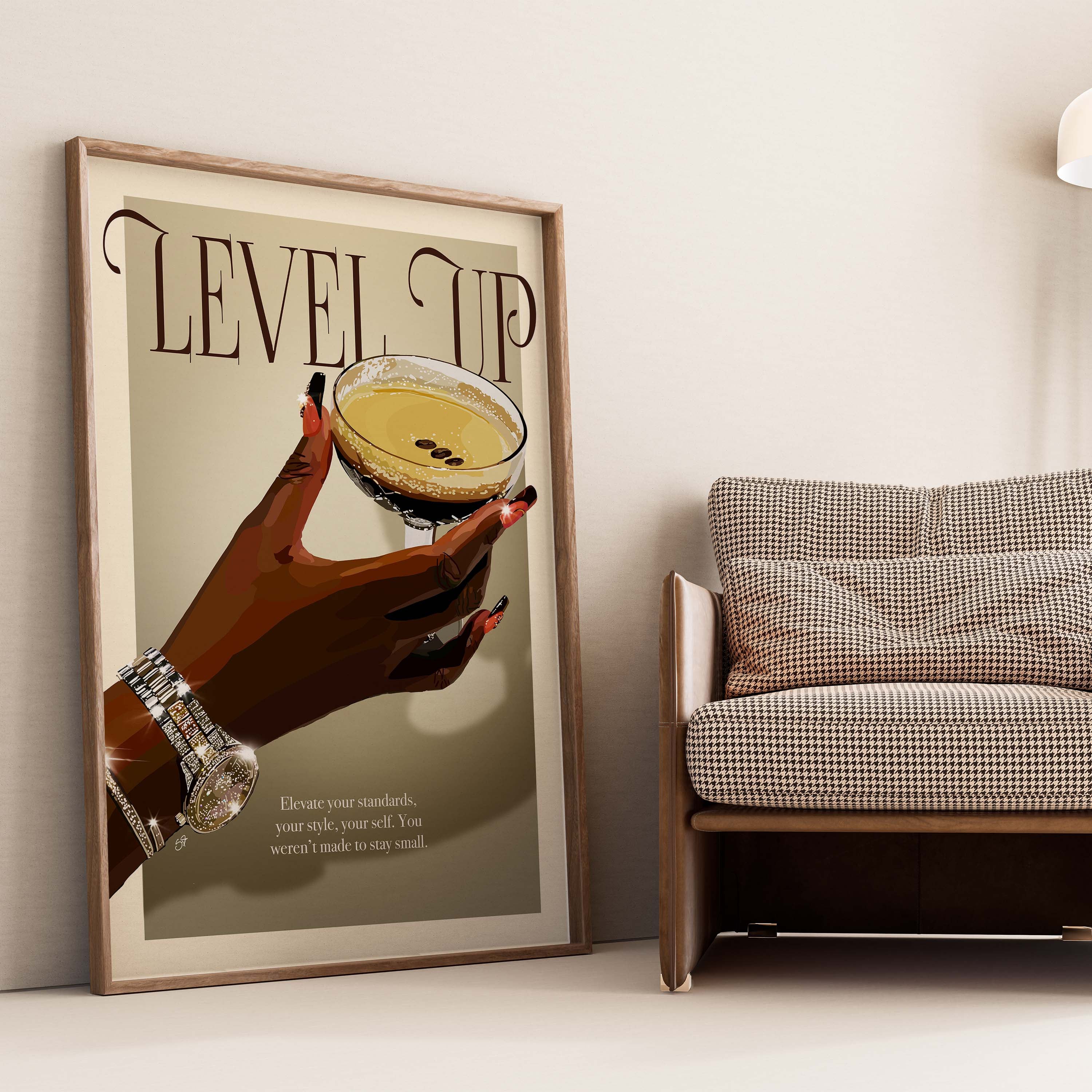 Level Up-wall art print featuring decorative artistic design suitable for living rooms, offices, and schools by SmardArt. Elevate your space with Black wall art that speaks to culture, identity, and creativity. At Smard, we celebrate artistry made with melanin, bringing powerful and inspiring designs to life.