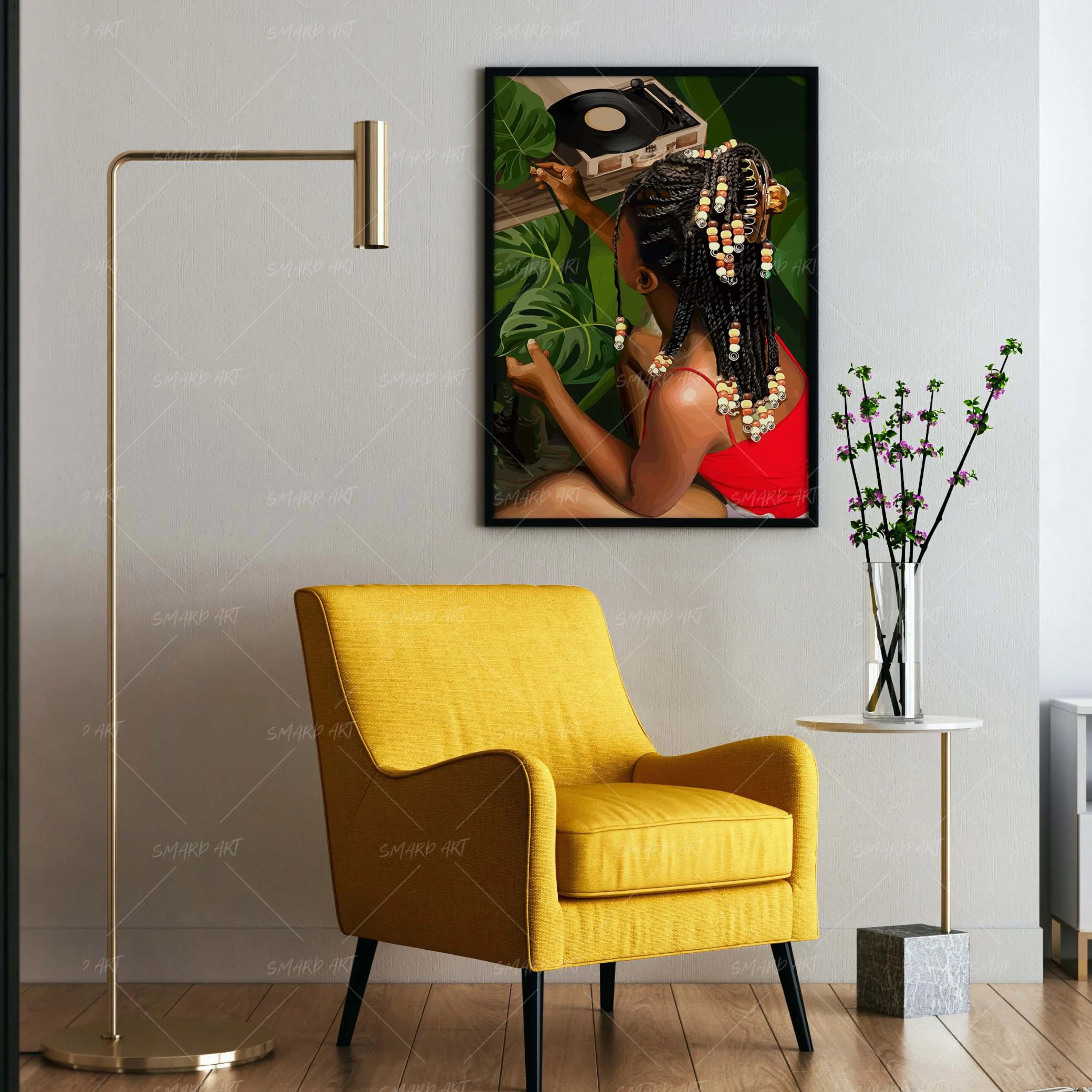 Botánica Beats-wall art print featuring decorative artistic design suitable for living rooms, offices, and schools by SmardArt. Elevate your space with Black wall art that speaks to culture, identity, and creativity. At Smard, we celebrate artistry made with melanin, bringing powerful and inspiring designs to life.