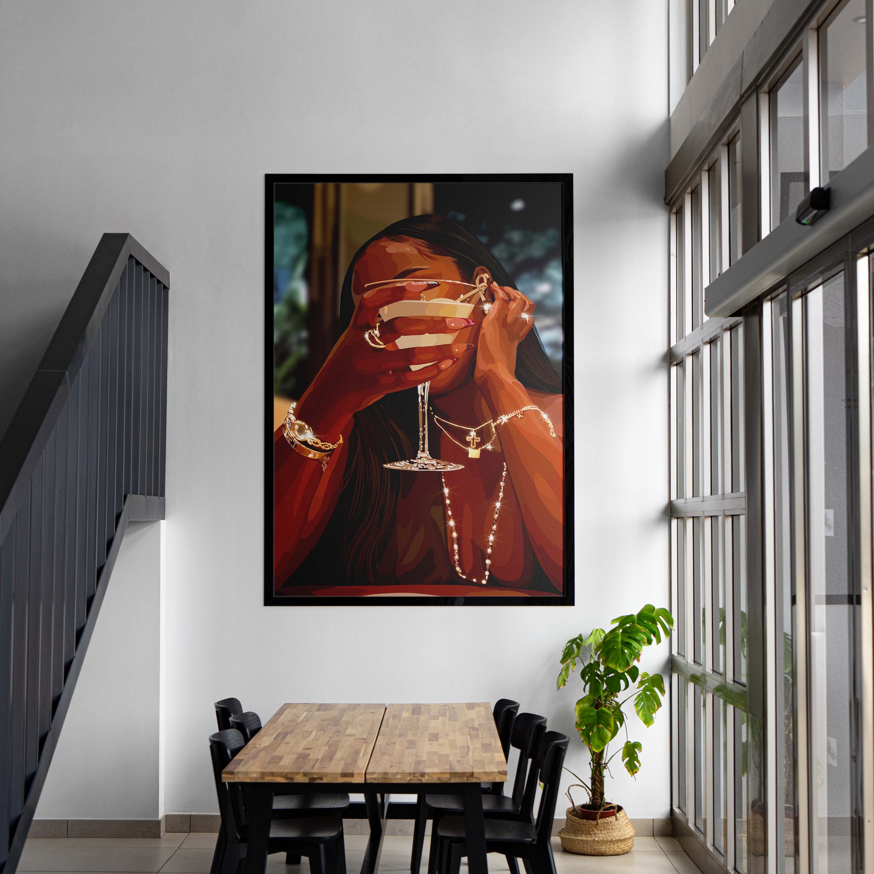 Sip and Shine-wall art print featuring decorative artistic design suitable for living rooms, offices, and schools by SmardArt. Elevate your space with Black wall art that speaks to culture, identity, and creativity. At Smard, we celebrate artistry made with melanin, bringing powerful and inspiring designs to life.