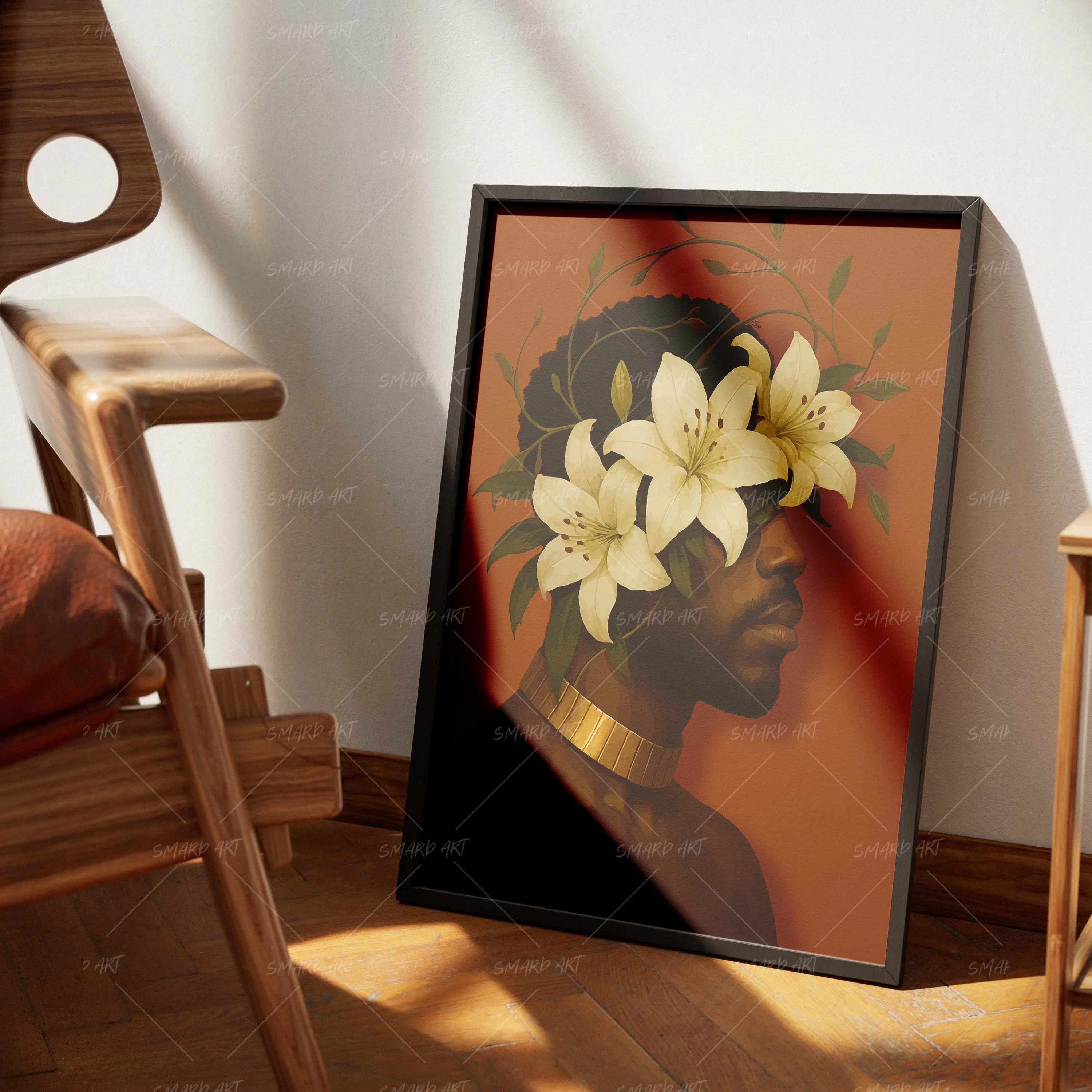 Petal Crown-wall art print featuring decorative artistic design suitable for living rooms, offices, and schools by SmardArt. Elevate your space with Black wall art that speaks to culture, identity, and creativity. At Smard, we celebrate artistry made with melanin, bringing powerful and inspiring designs to life.