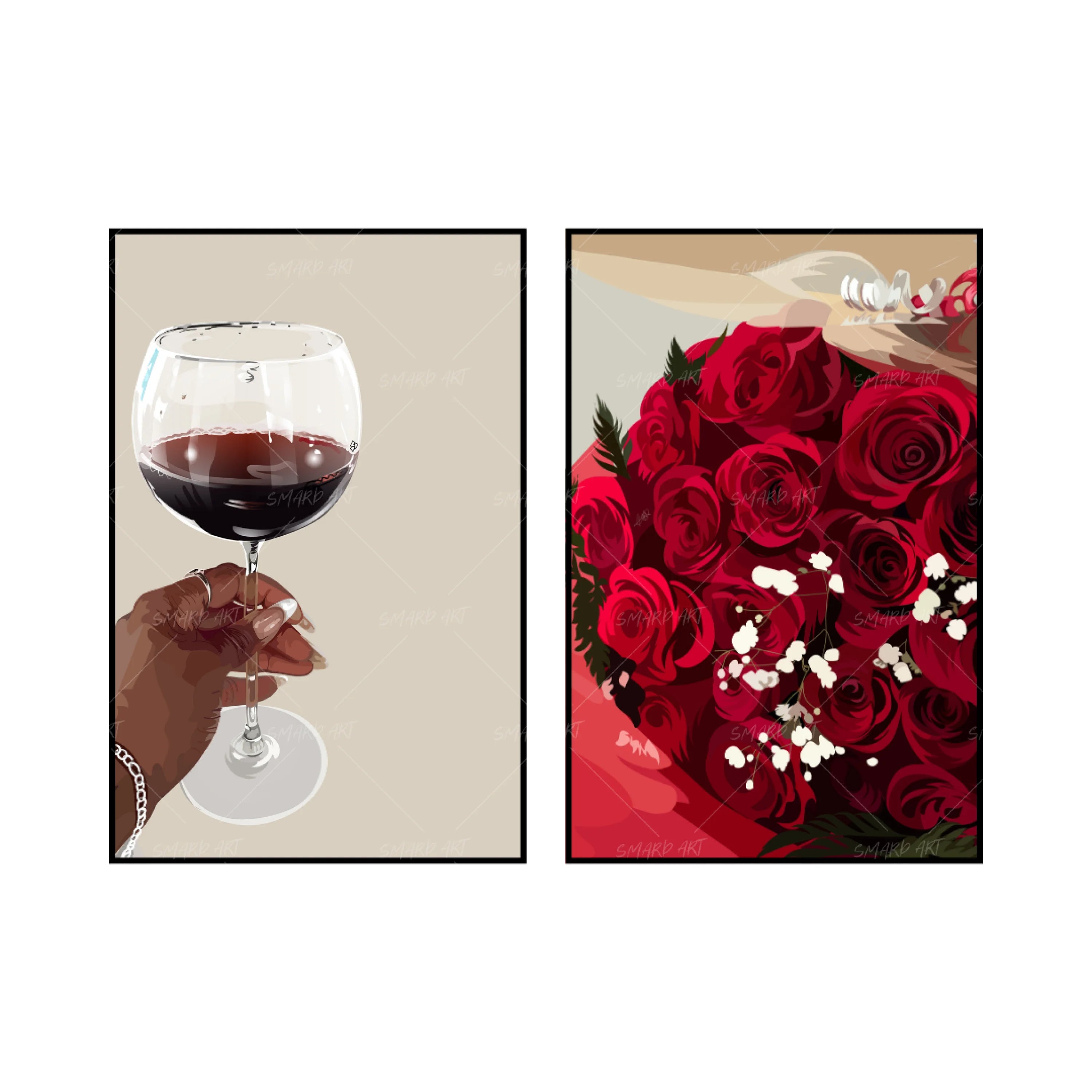 Art Print Bundle : Red Wine + Red Roses-wall art print featuring decorative artistic design suitable for living rooms, offices, and schools by SmardArt. Elevate your space with Black wall art that speaks to culture, identity, and creativity. At Smard, we celebrate artistry made with melanin, bringing powerful and inspiring designs to life.
