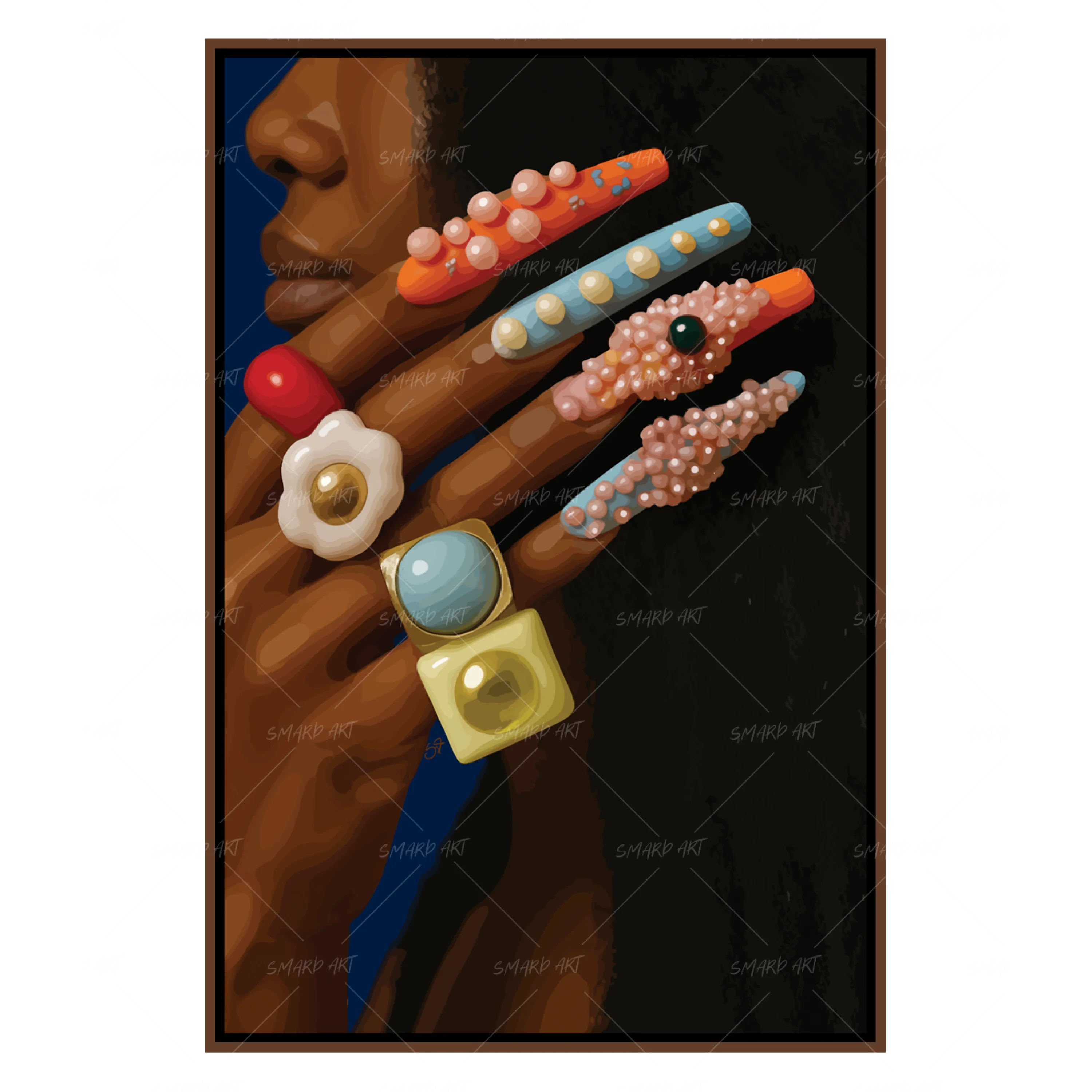 Afro & Nails-wall art print featuring decorative artistic design suitable for living rooms, offices, and schools by SmardArt. Elevate your space with Black wall art that speaks to culture, identity, and creativity. At Smard, we celebrate artistry made with melanin, bringing powerful and inspiring designs to life.