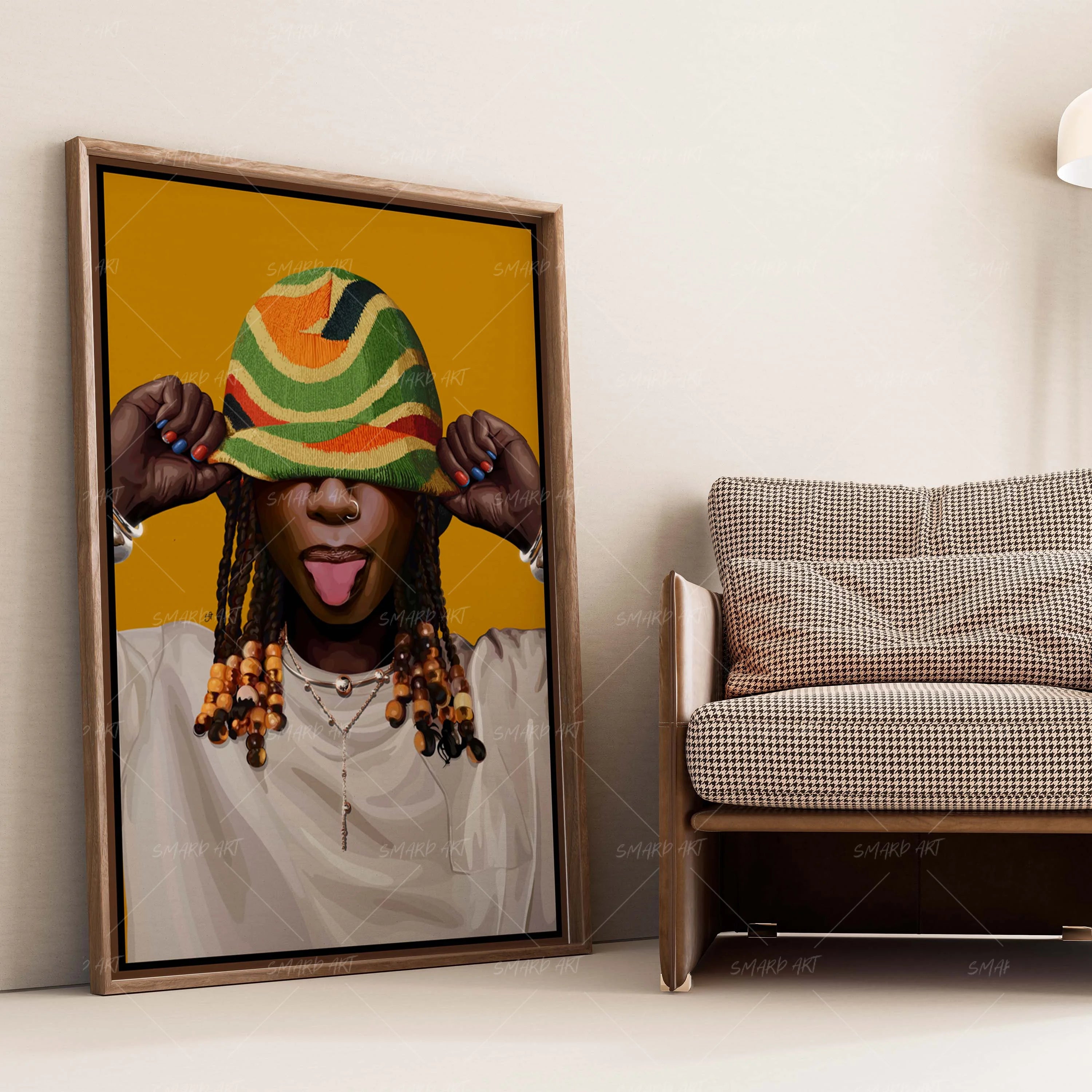 Beanie Attitude-wall art print featuring decorative artistic design suitable for living rooms, offices, and schools by SmardArt. Elevate your space with Black wall art that speaks to culture, identity, and creativity. At Smard, we celebrate artistry made with melanin, bringing powerful and inspiring designs to life.