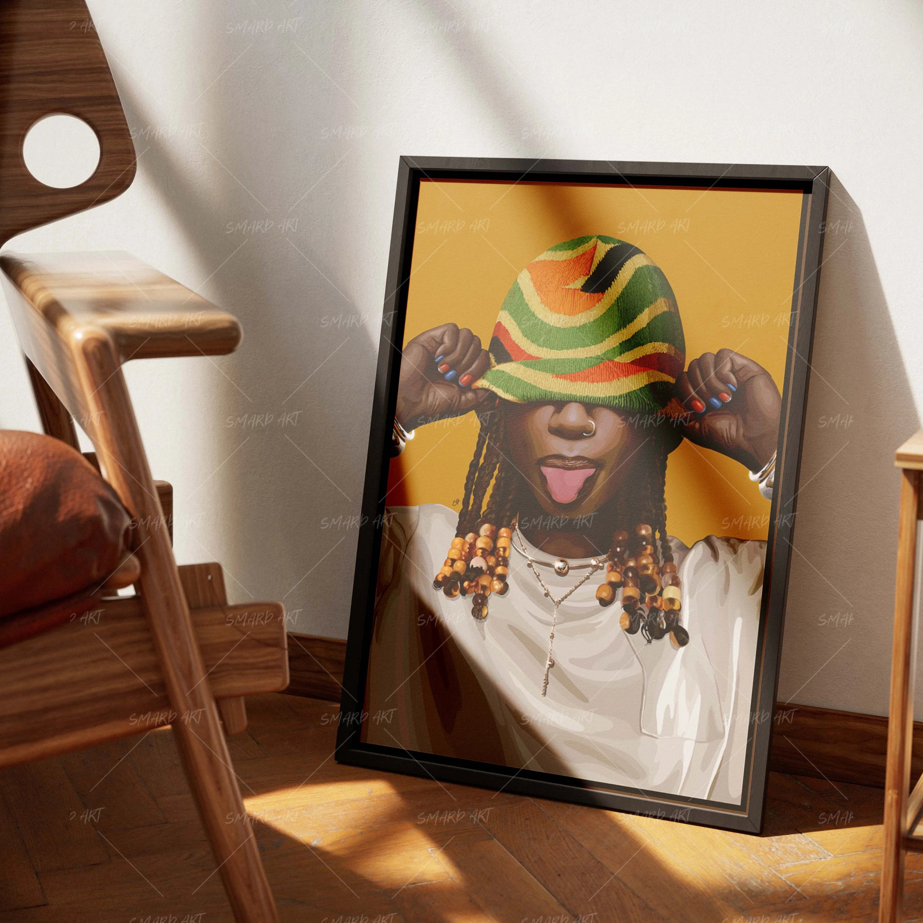 Beanie Attitude-wall art print featuring decorative artistic design suitable for living rooms, offices, and schools by SmardArt. Elevate your space with Black wall art that speaks to culture, identity, and creativity. At Smard, we celebrate artistry made with melanin, bringing powerful and inspiring designs to life.