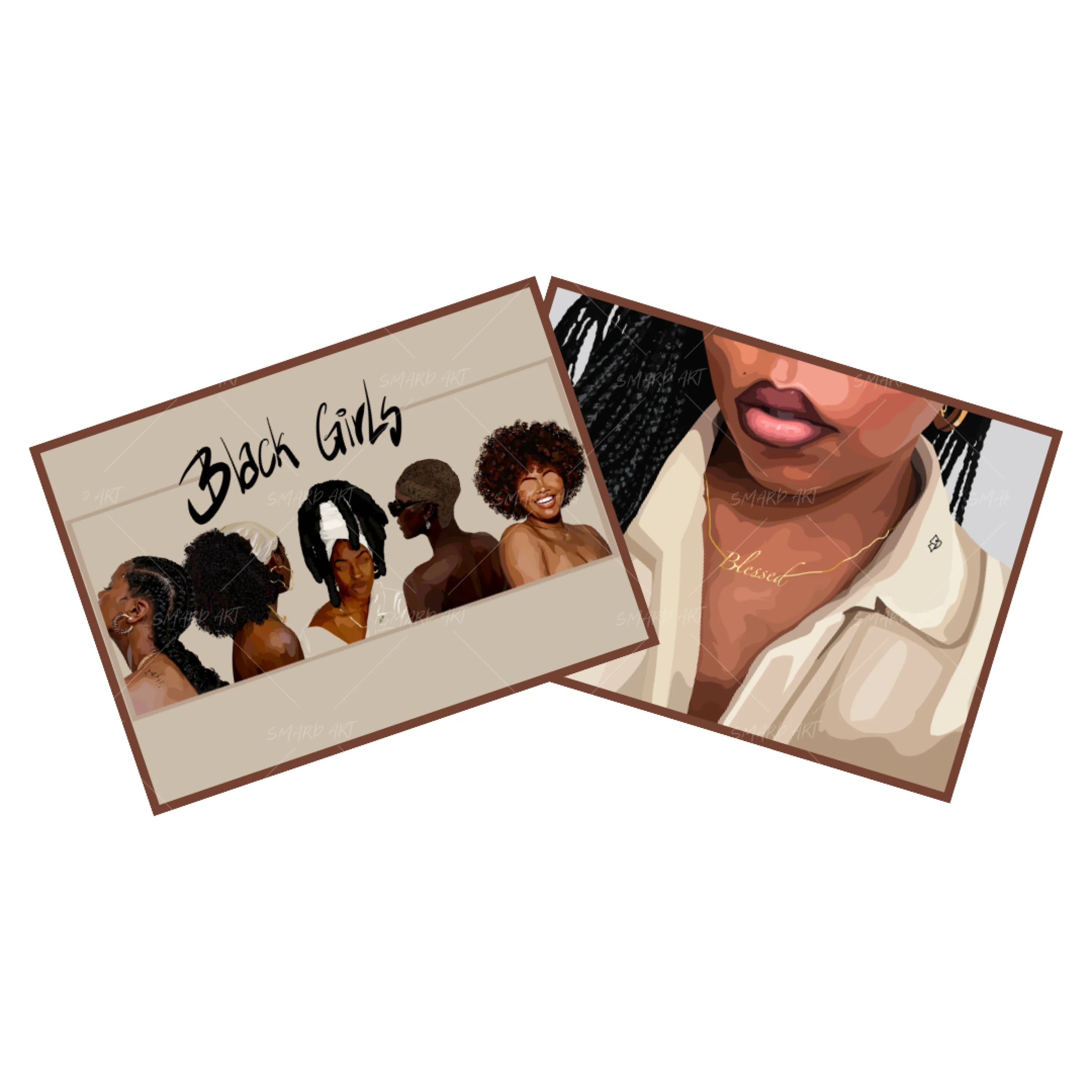 Art Print Bundle : Black Girls + Blessed-wall art print featuring decorative artistic design suitable for living rooms, offices, and schools by SmardArt. Elevate your space with Black wall art that speaks to culture, identity, and creativity. At Smard, we celebrate artistry made with melanin, bringing powerful and inspiring designs to life.