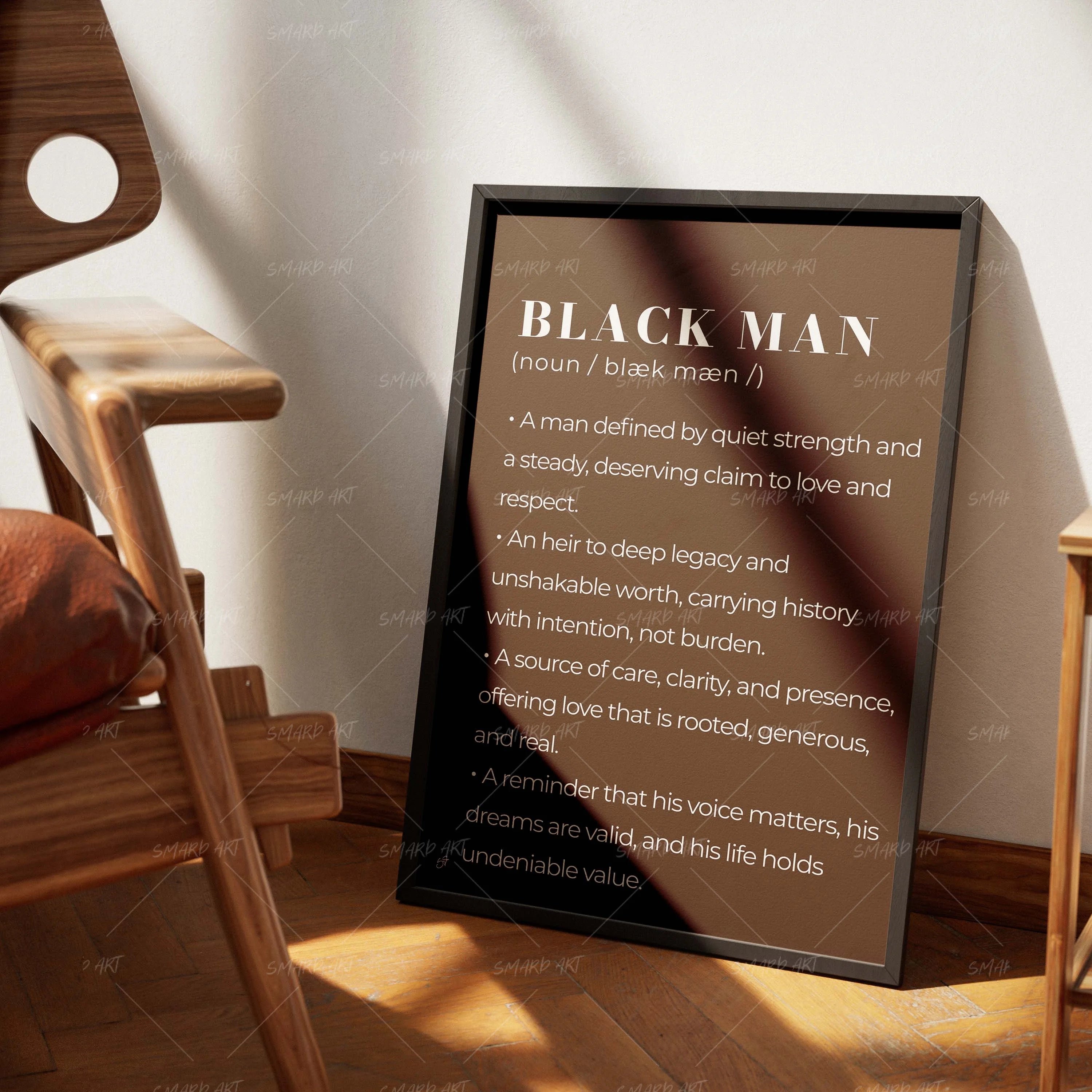 Black Man Meaning-wall art print featuring decorative artistic design suitable for living rooms, offices, and schools by SmardArt. Elevate your space with Black wall art that speaks to culture, identity, and creativity. At Smard, we celebrate artistry made with melanin, bringing powerful and inspiring designs to life.