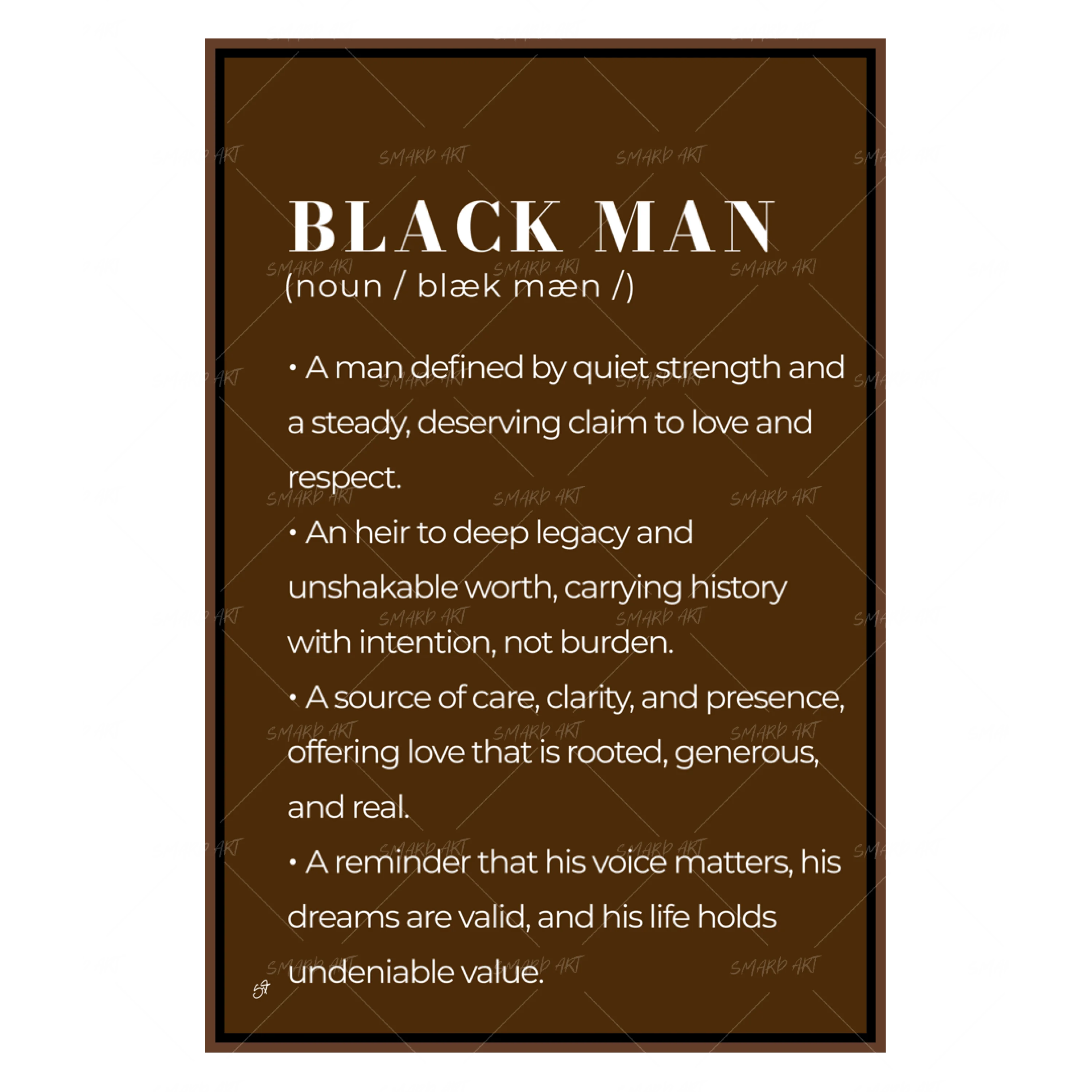 Black Man Meaning-wall art print featuring decorative artistic design suitable for living rooms, offices, and schools by SmardArt. Elevate your space with Black wall art that speaks to culture, identity, and creativity. At Smard, we celebrate artistry made with melanin, bringing powerful and inspiring designs to life.