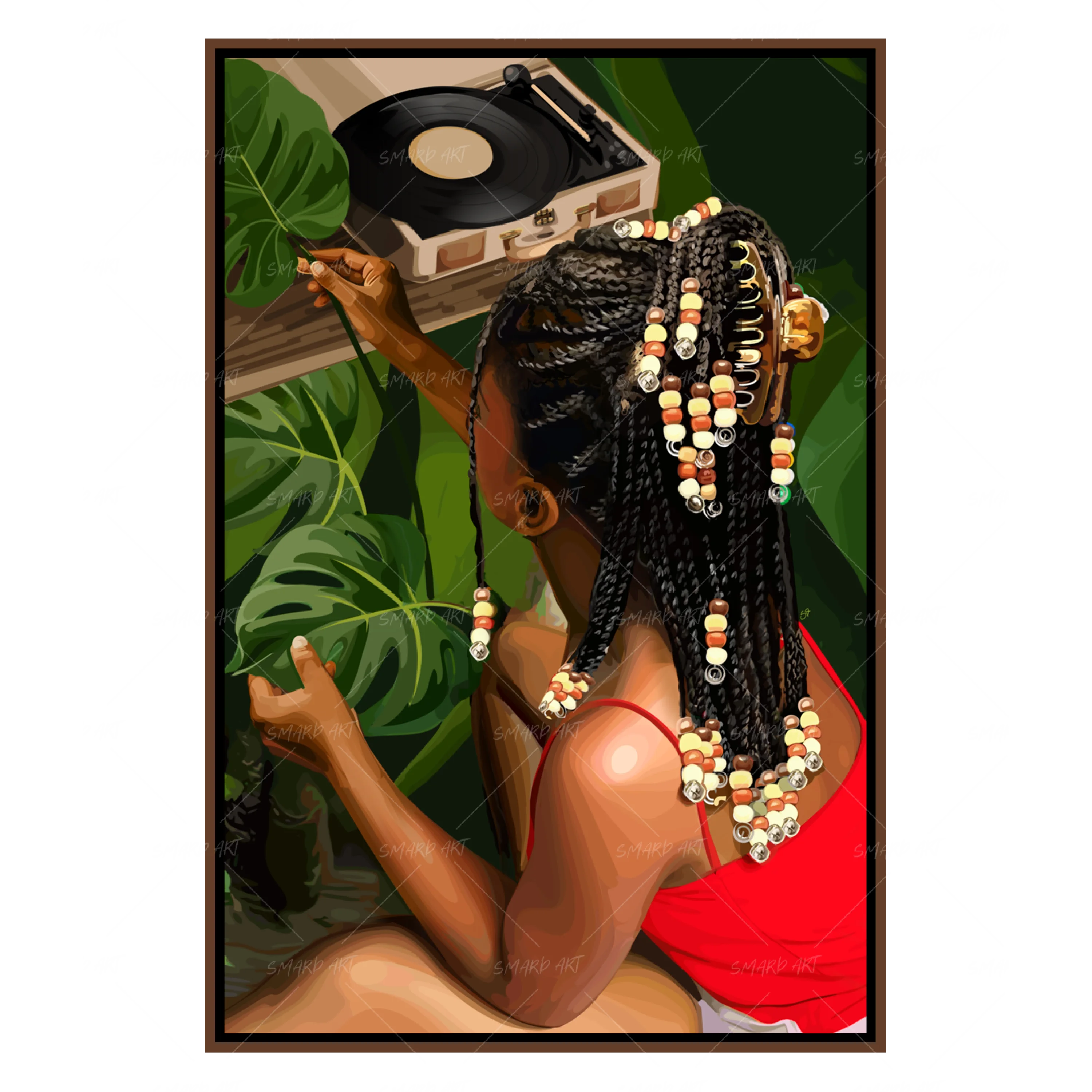Botánica Beats-wall art print featuring decorative artistic design suitable for living rooms, offices, and schools by SmardArt. Elevate your space with Black wall art that speaks to culture, identity, and creativity. At Smard, we celebrate artistry made with melanin, bringing powerful and inspiring designs to life.