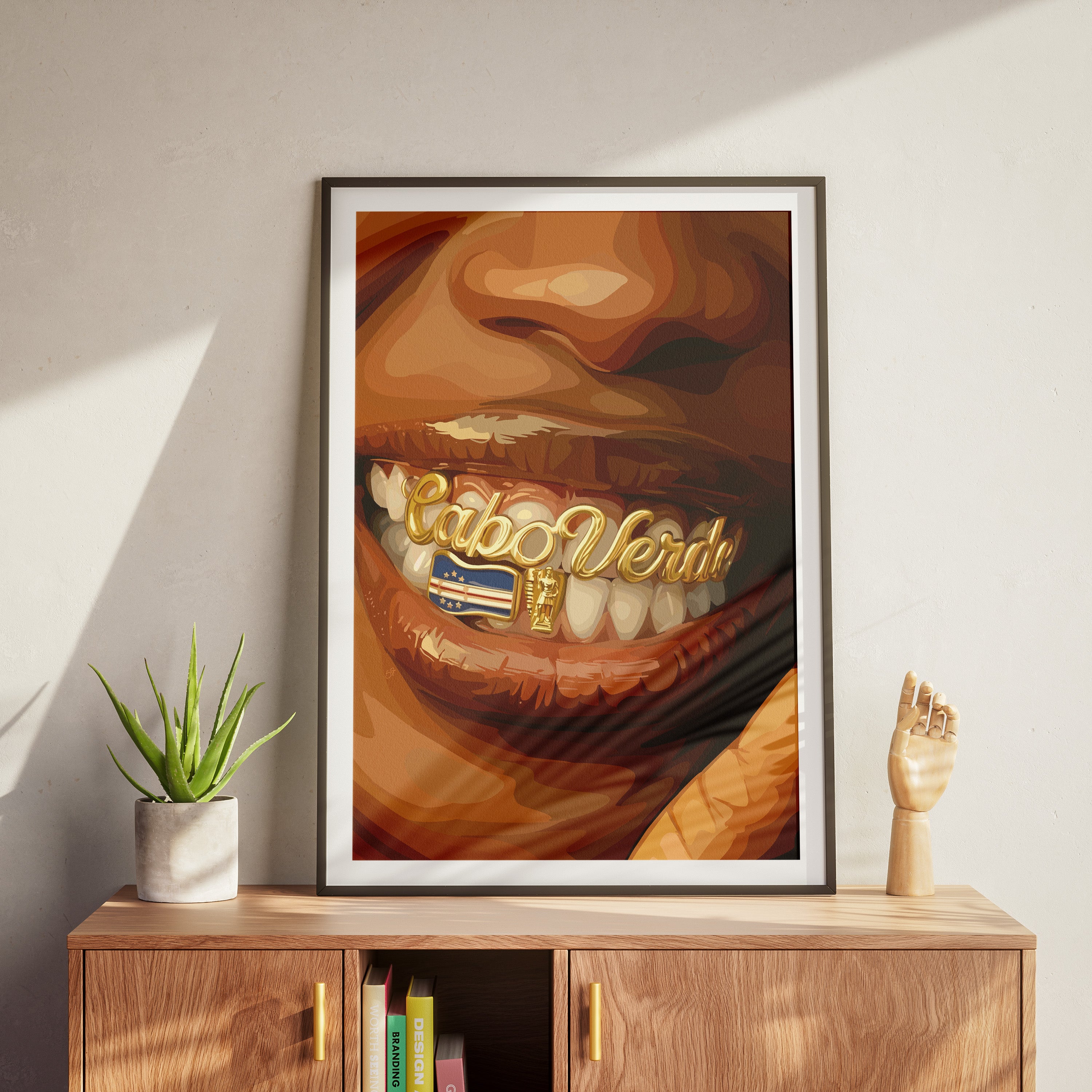 Cabo Verde Grillz-wall art print featuring decorative artistic design suitable for living rooms, offices, and schools by SmardArt. Elevate your space with Black wall art that speaks to culture, identity, and creativity. At Smard, we celebrate artistry made with melanin, bringing powerful and inspiring designs to life.