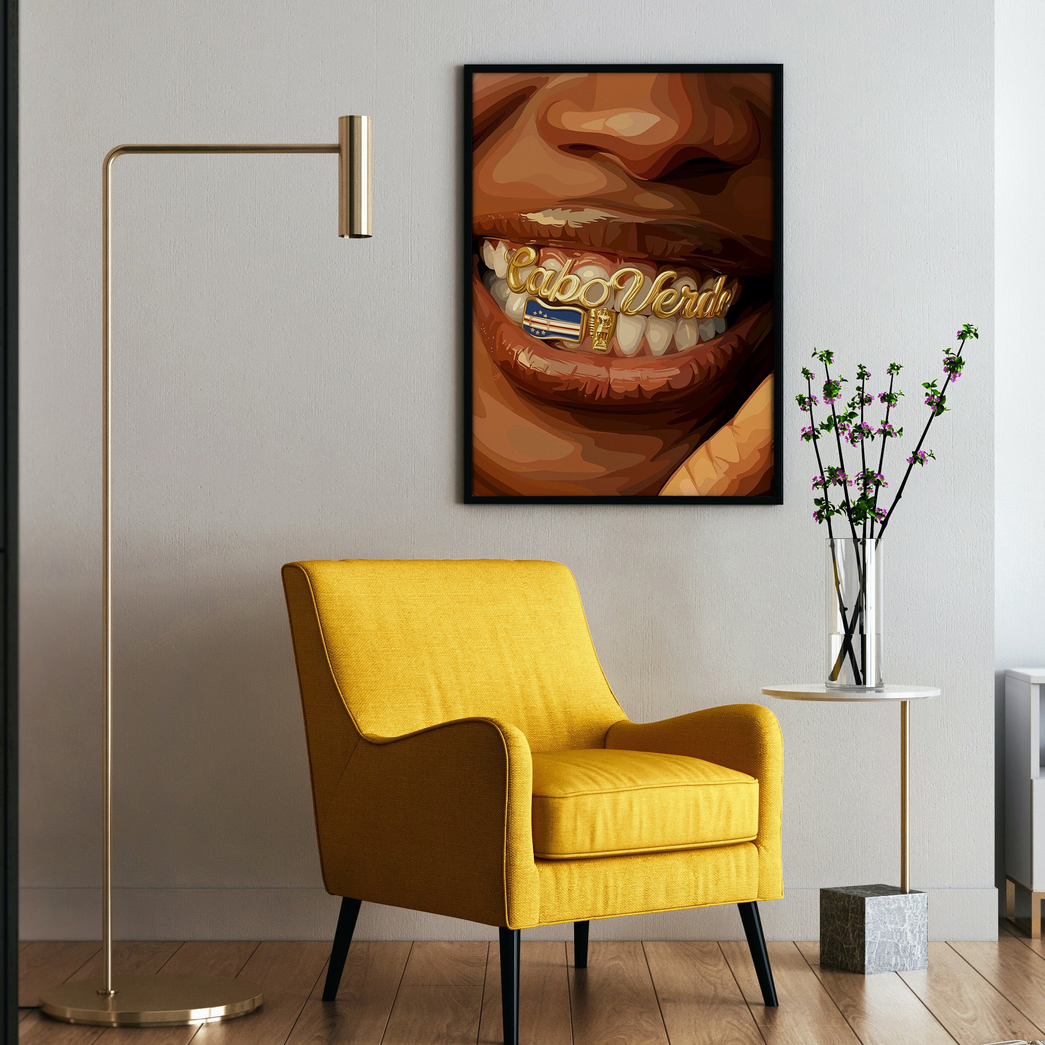 Cabo Verde Grillz-wall art print featuring decorative artistic design suitable for living rooms, offices, and schools by SmardArt. Elevate your space with Black wall art that speaks to culture, identity, and creativity. At Smard, we celebrate artistry made with melanin, bringing powerful and inspiring designs to life.