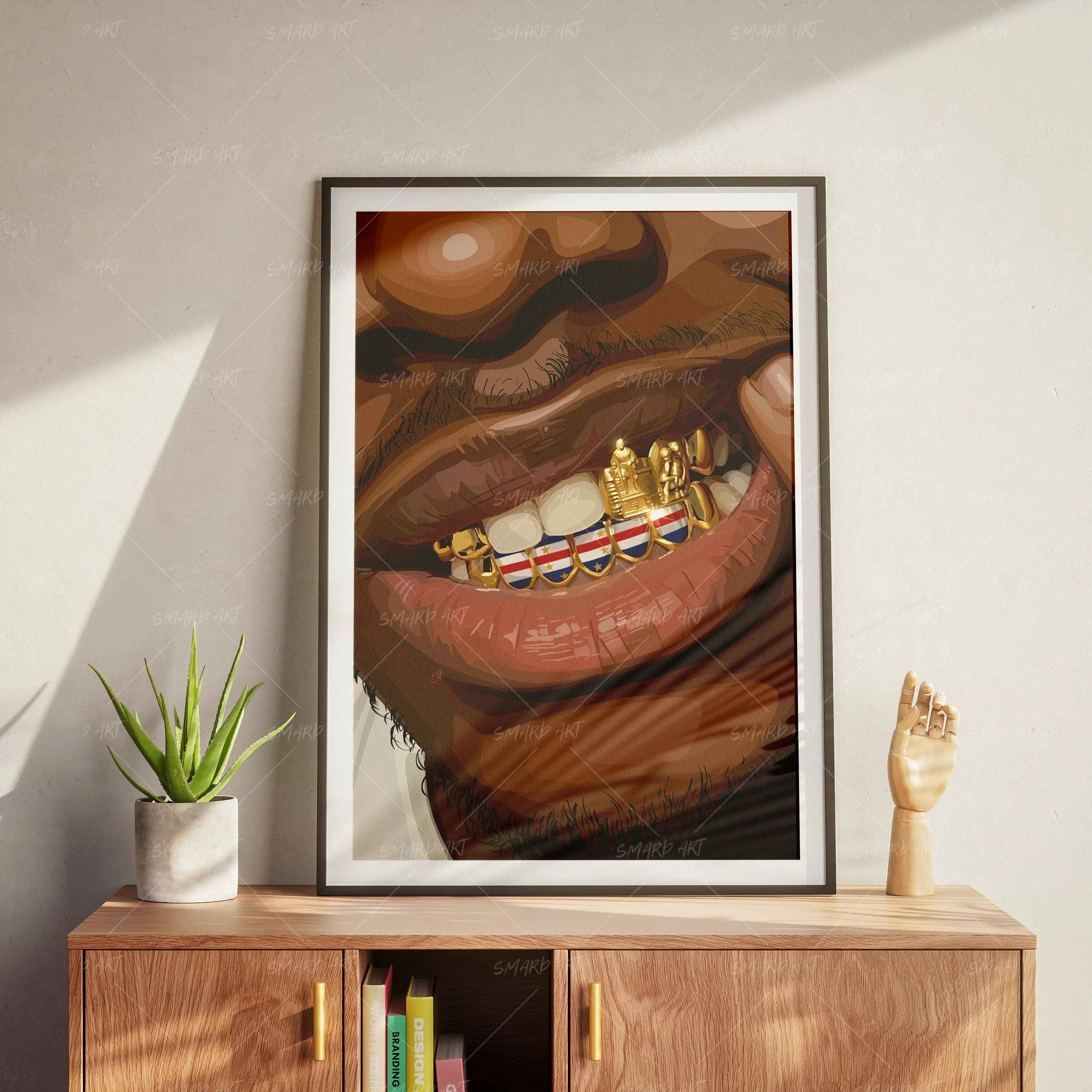 Cape Verde Grillz-wall art print featuring decorative artistic design suitable for living rooms, offices, and schools by SmardArt. Elevate your space with Black wall art that speaks to culture, identity, and creativity. At Smard, we celebrate artistry made with melanin, bringing powerful and inspiring designs to life.