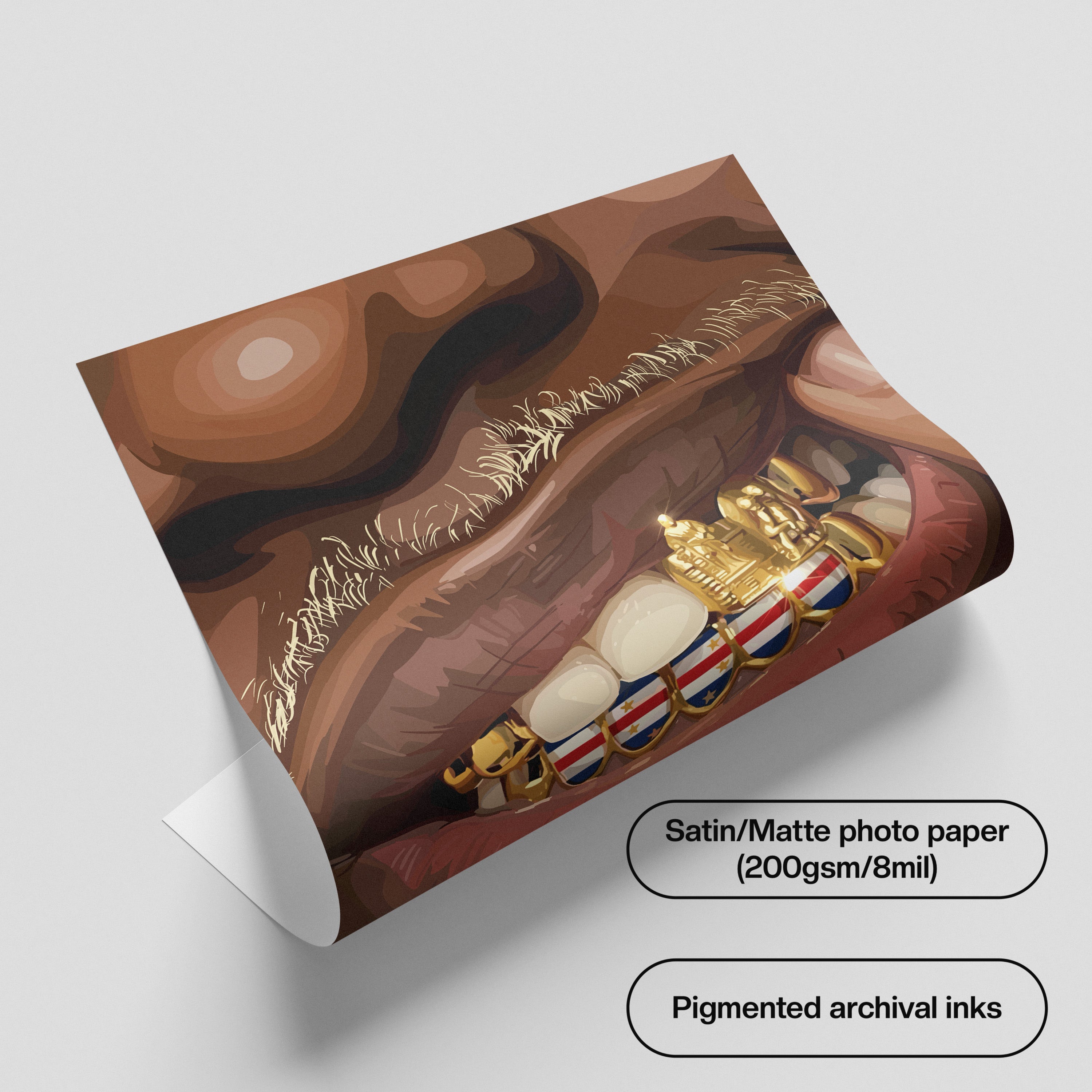 Cabo Verde Grillz-wall art print featuring decorative artistic design suitable for living rooms, offices, and schools by SmardArt. Elevate your space with Black wall art that speaks to culture, identity, and creativity. At Smard, we celebrate artistry made with melanin, bringing powerful and inspiring designs to life.
