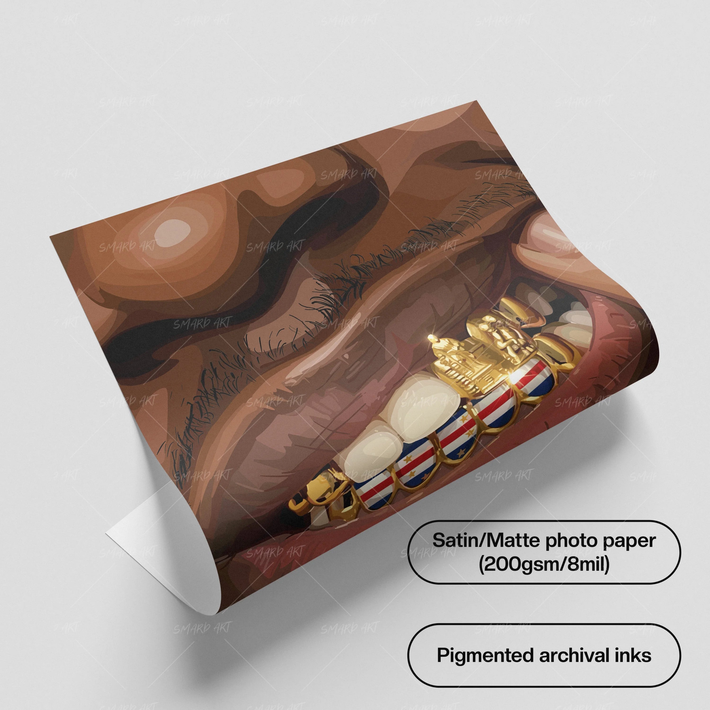 Cape Verde Grillz-wall art print featuring decorative artistic design suitable for living rooms, offices, and schools by SmardArt. Elevate your space with Black wall art that speaks to culture, identity, and creativity. At Smard, we celebrate artistry made with melanin, bringing powerful and inspiring designs to life.