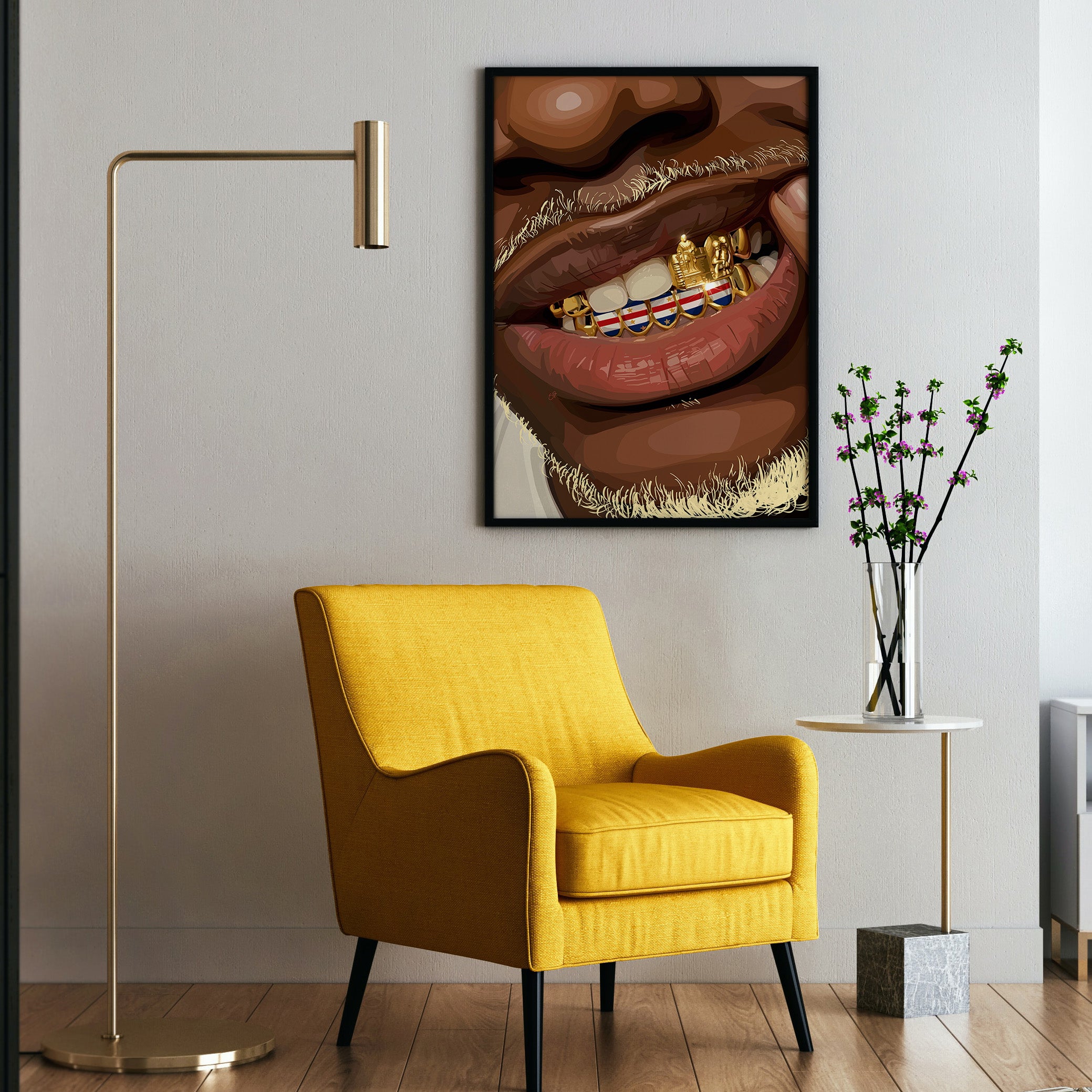 Cabo Verde Grillz-wall art print featuring decorative artistic design suitable for living rooms, offices, and schools by SmardArt. Elevate your space with Black wall art that speaks to culture, identity, and creativity. At Smard, we celebrate artistry made with melanin, bringing powerful and inspiring designs to life.