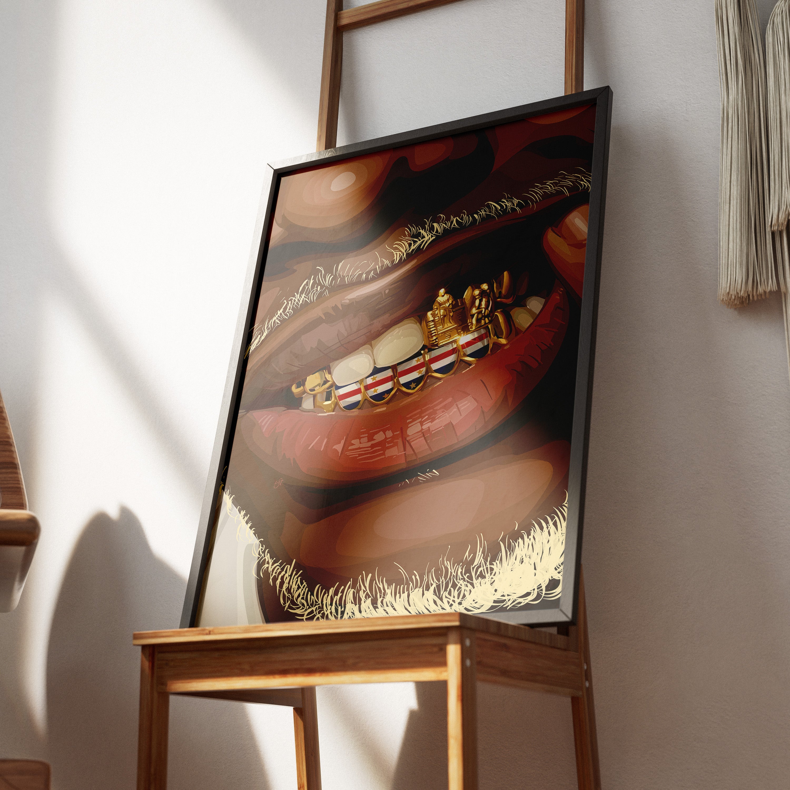 Cabo Verde Grillz-wall art print featuring decorative artistic design suitable for living rooms, offices, and schools by SmardArt. Elevate your space with Black wall art that speaks to culture, identity, and creativity. At Smard, we celebrate artistry made with melanin, bringing powerful and inspiring designs to life.