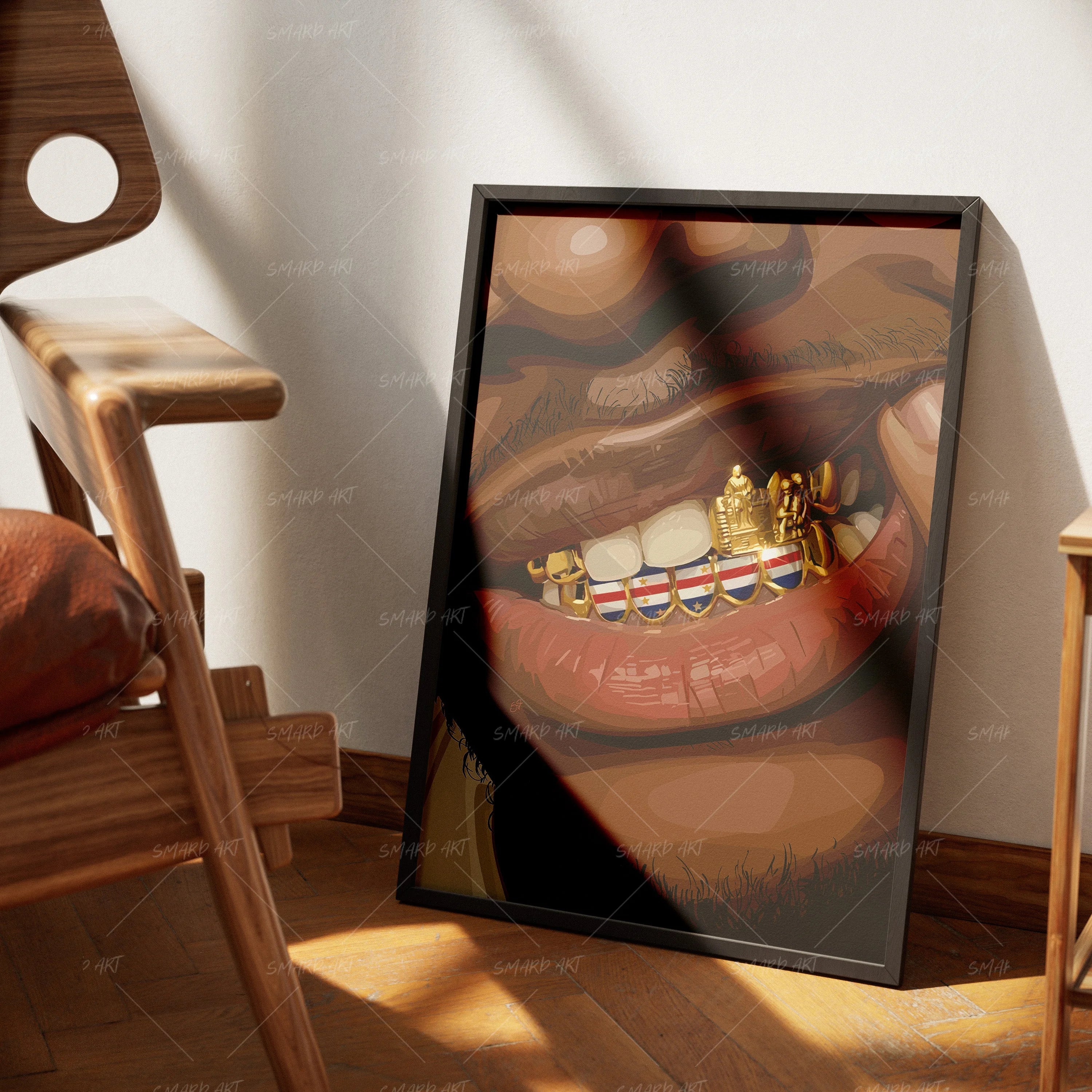 Cape Verde Grillz-wall art print featuring decorative artistic design suitable for living rooms, offices, and schools by SmardArt. Elevate your space with Black wall art that speaks to culture, identity, and creativity. At Smard, we celebrate artistry made with melanin, bringing powerful and inspiring designs to life.