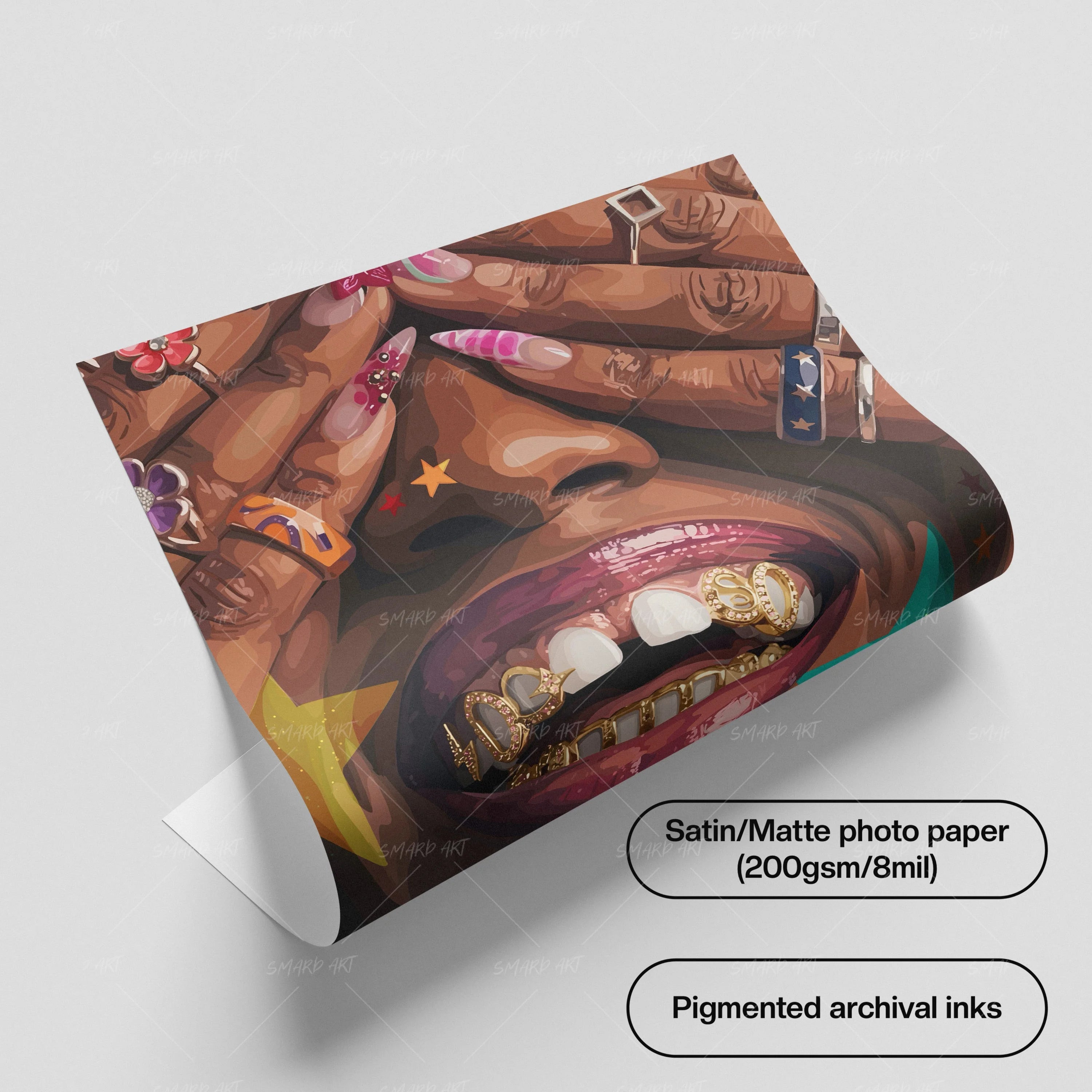 Carnival Grillz-wall art print featuring decorative artistic design suitable for living rooms, offices, and schools by SmardArt. Elevate your space with Black wall art that speaks to culture, identity, and creativity. At Smard, we celebrate artistry made with melanin, bringing powerful and inspiring designs to life.