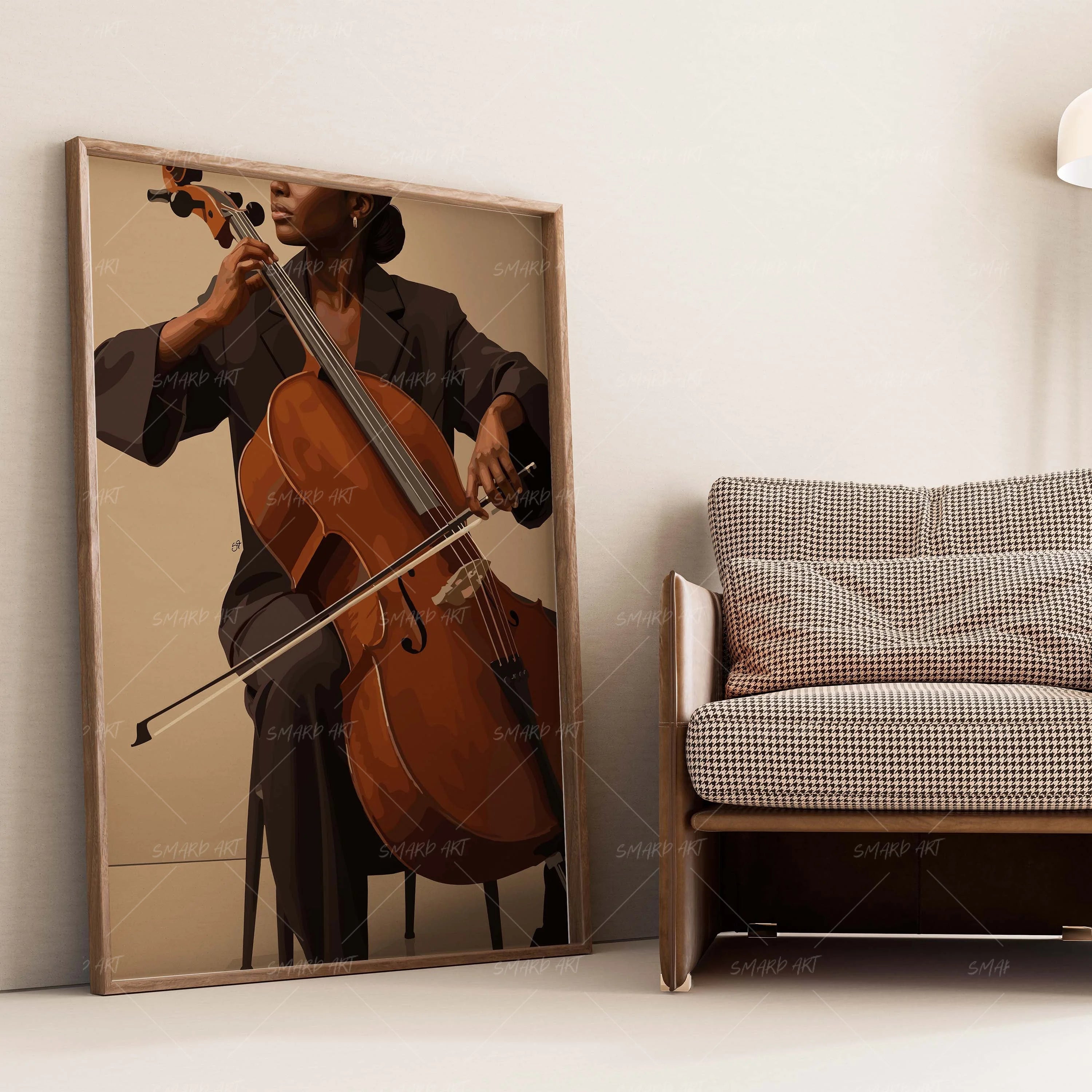 Cello Muse-wall art print featuring decorative artistic design suitable for living rooms, offices, and schools by SmardArt. Elevate your space with Black wall art that speaks to culture, identity, and creativity. At Smard, we celebrate artistry made with melanin, bringing powerful and inspiring designs to life.