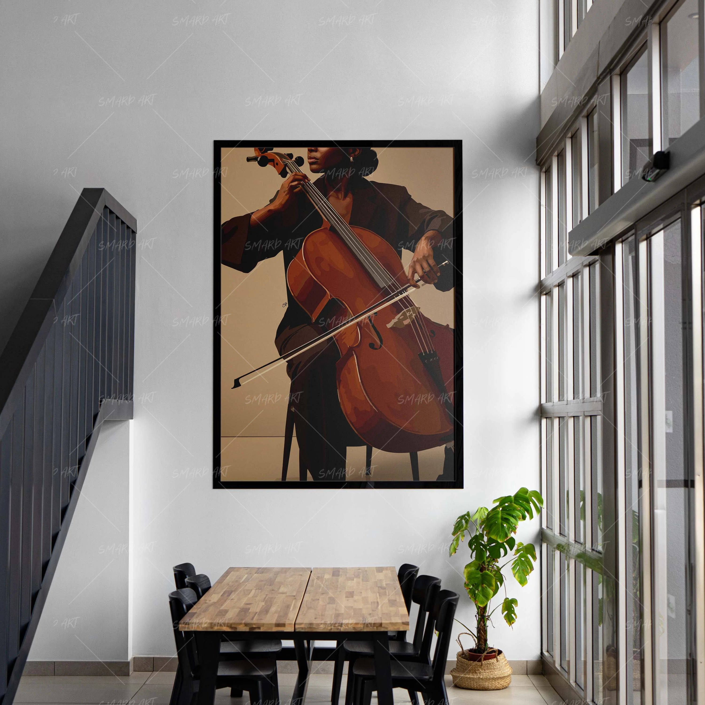 Cello Muse-wall art print featuring decorative artistic design suitable for living rooms, offices, and schools by SmardArt. Elevate your space with Black wall art that speaks to culture, identity, and creativity. At Smard, we celebrate artistry made with melanin, bringing powerful and inspiring designs to life.