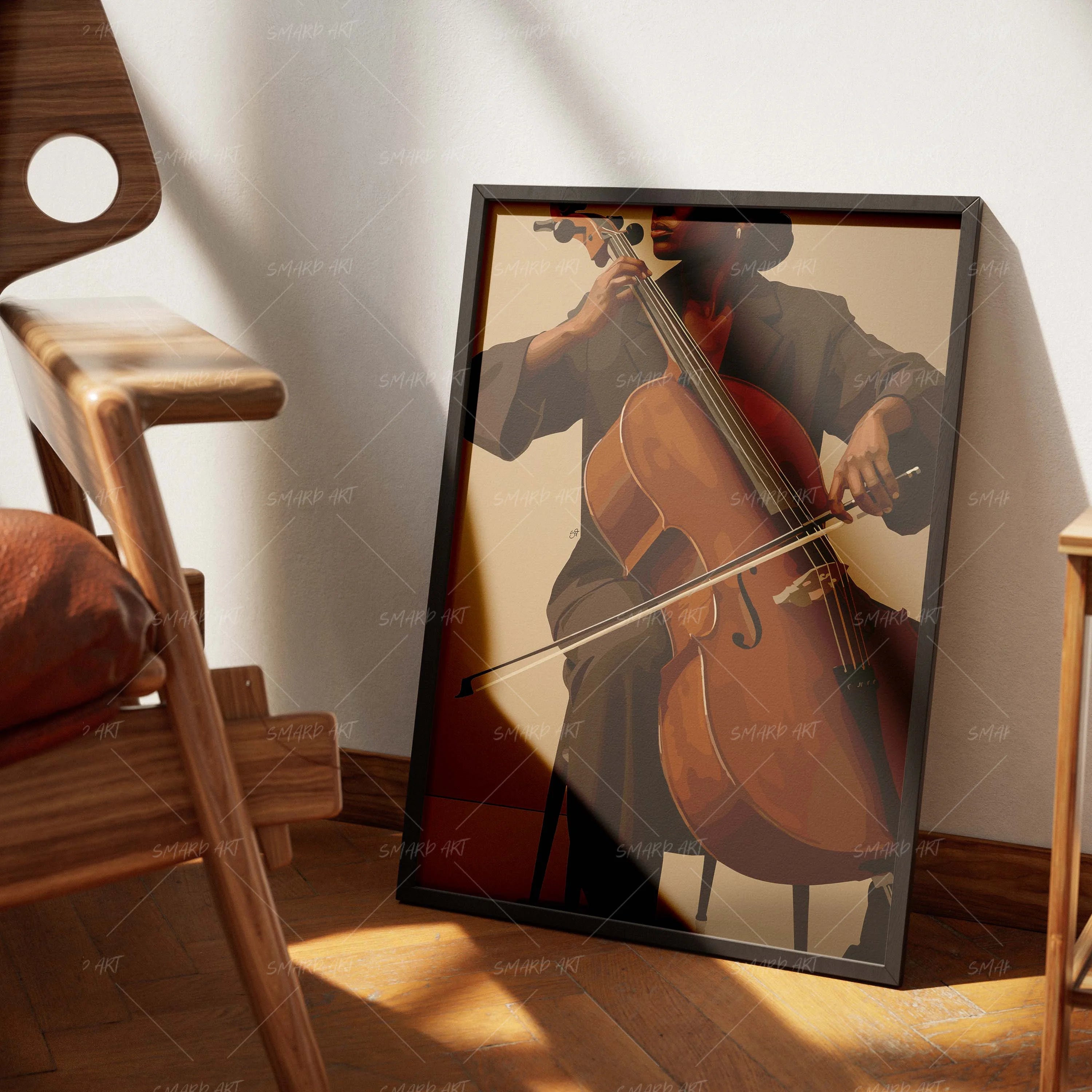 Cello Muse-wall art print featuring decorative artistic design suitable for living rooms, offices, and schools by SmardArt. Elevate your space with Black wall art that speaks to culture, identity, and creativity. At Smard, we celebrate artistry made with melanin, bringing powerful and inspiring designs to life.