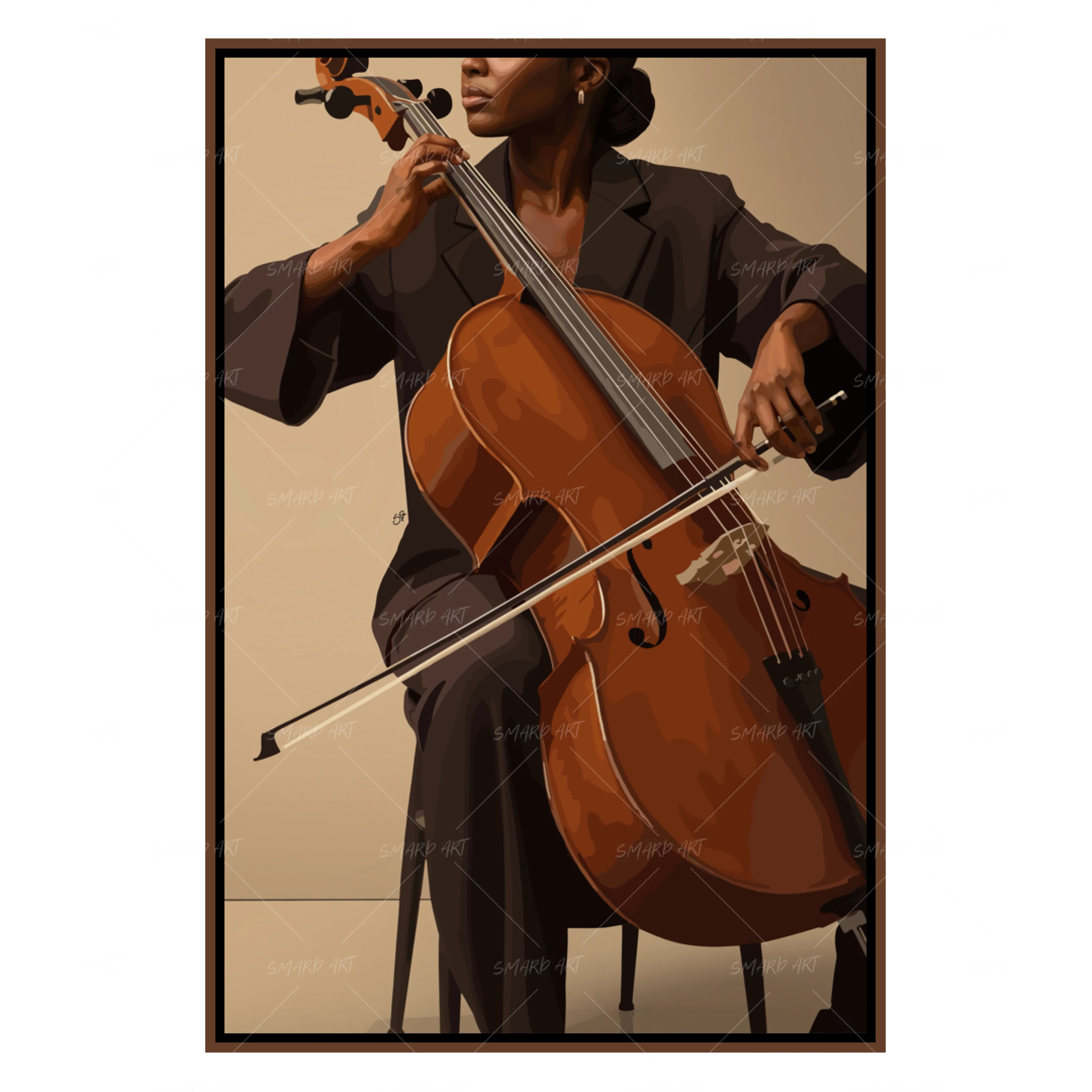 Cello Muse-wall art print featuring decorative artistic design suitable for living rooms, offices, and schools by SmardArt. Elevate your space with Black wall art that speaks to culture, identity, and creativity. At Smard, we celebrate artistry made with melanin, bringing powerful and inspiring designs to life.