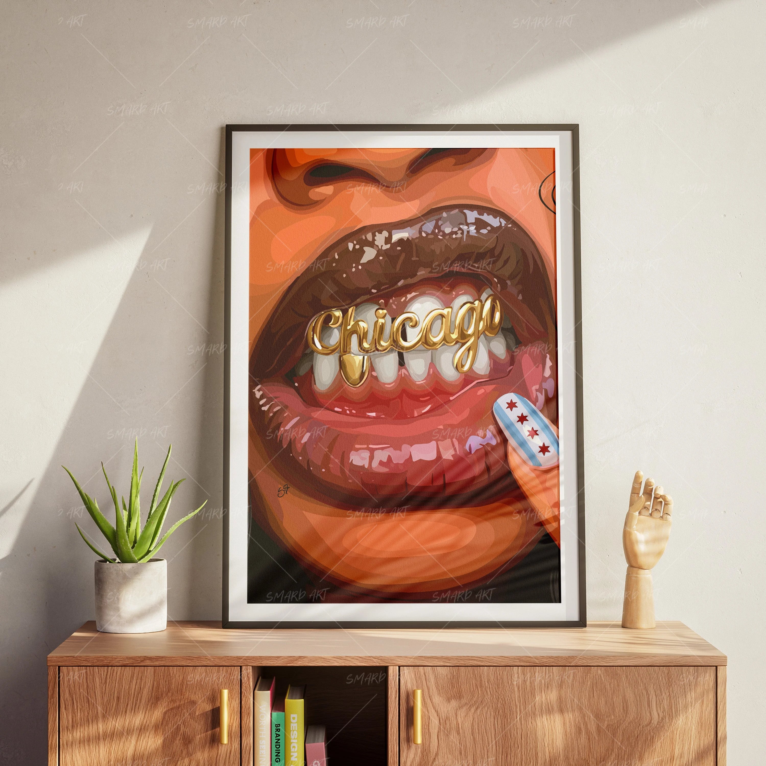 Chicago Babe Grillz-wall art print featuring decorative artistic design suitable for living rooms, offices, and schools by SmardArt. Elevate your space with Black wall art that speaks to culture, identity, and creativity. At Smard, we celebrate artistry made with melanin, bringing powerful and inspiring designs to life.