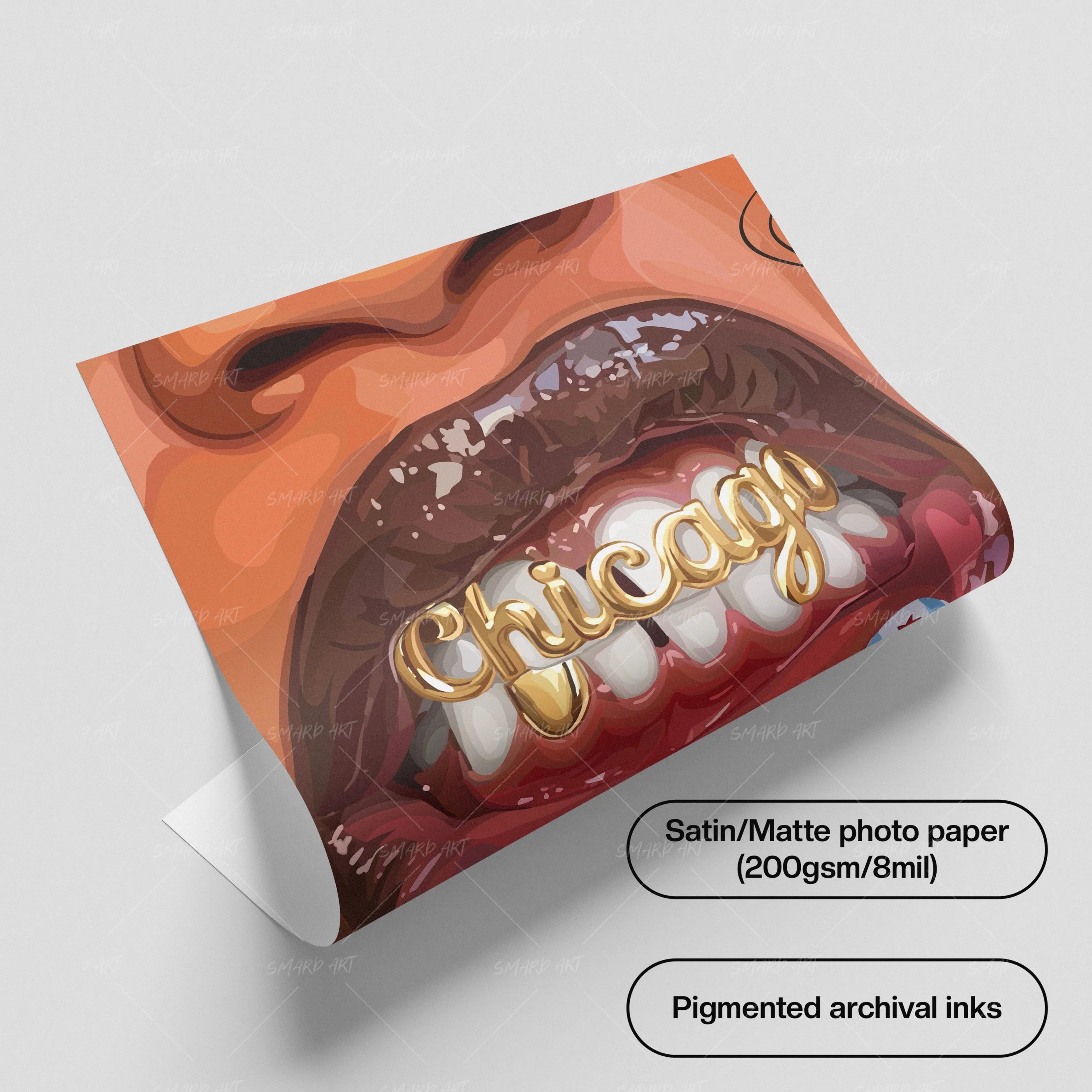 Chicago Babe Grillz-wall art print featuring decorative artistic design suitable for living rooms, offices, and schools by SmardArt. Elevate your space with Black wall art that speaks to culture, identity, and creativity. At Smard, we celebrate artistry made with melanin, bringing powerful and inspiring designs to life.