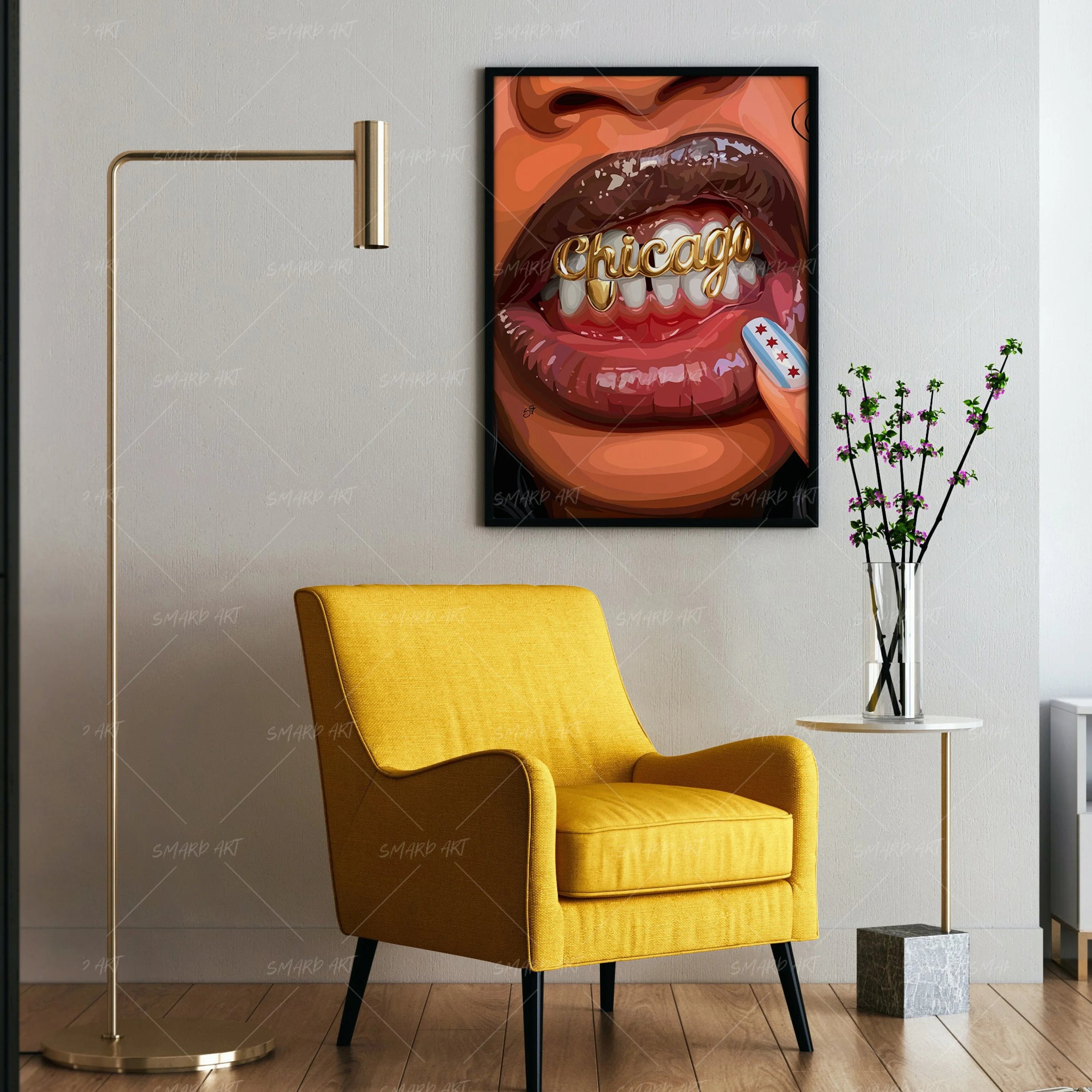 Chicago Babe Grillz-wall art print featuring decorative artistic design suitable for living rooms, offices, and schools by SmardArt. Elevate your space with Black wall art that speaks to culture, identity, and creativity. At Smard, we celebrate artistry made with melanin, bringing powerful and inspiring designs to life.