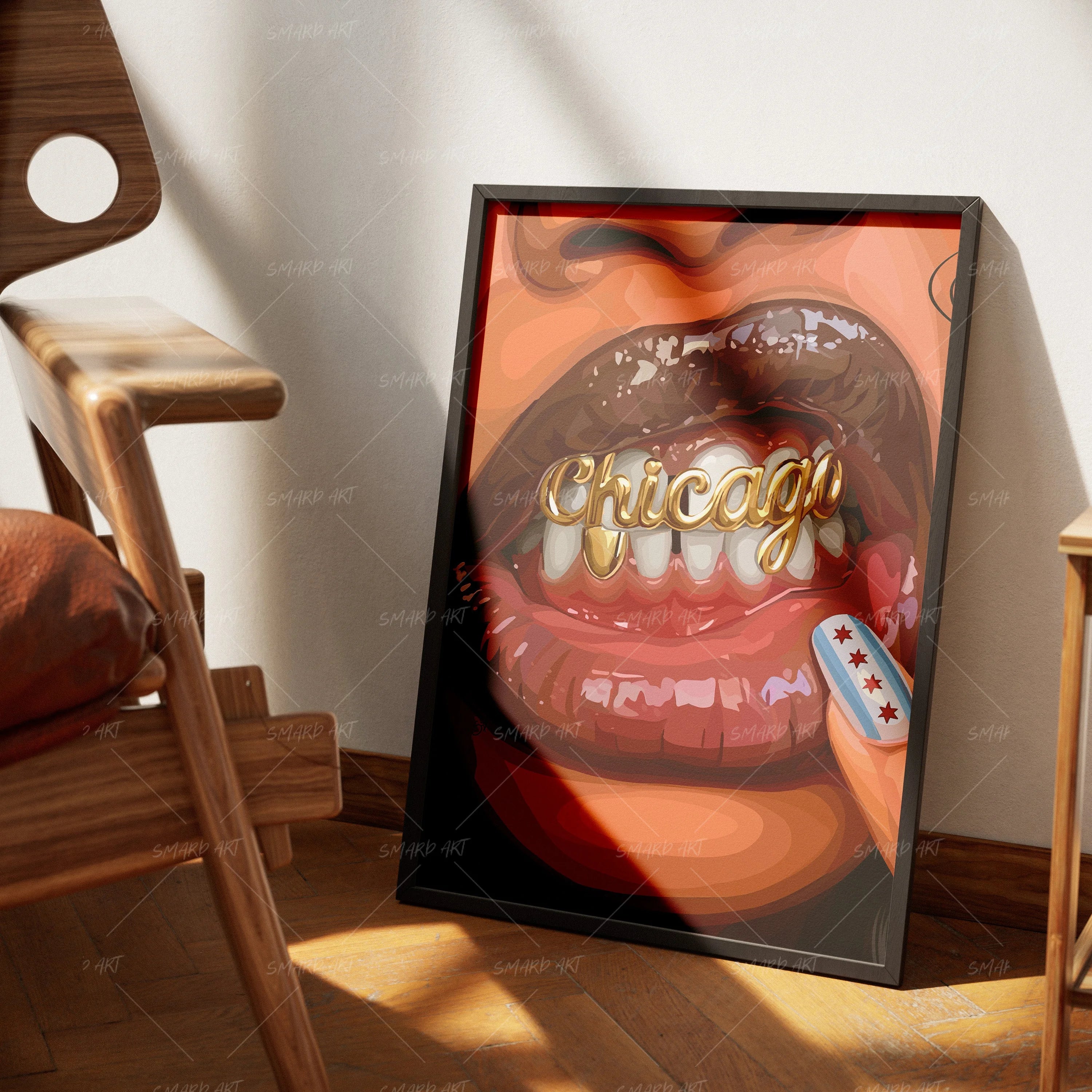 Chicago Babe Grillz-wall art print featuring decorative artistic design suitable for living rooms, offices, and schools by SmardArt. Elevate your space with Black wall art that speaks to culture, identity, and creativity. At Smard, we celebrate artistry made with melanin, bringing powerful and inspiring designs to life.