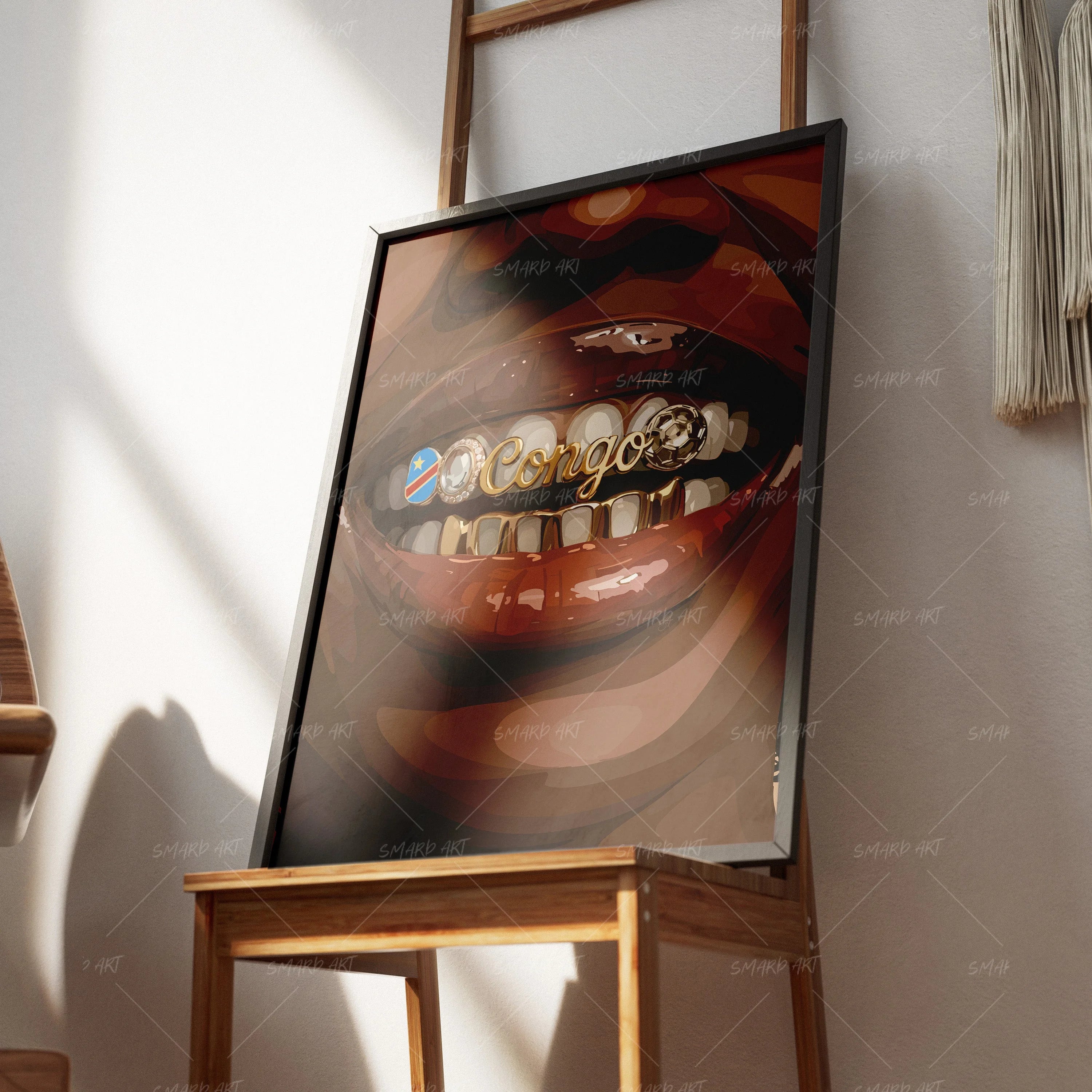 Congo Babe Grillz-wall art print featuring decorative artistic design suitable for living rooms, offices, and schools by SmardArt. Elevate your space with Black wall art that speaks to culture, identity, and creativity. At Smard, we celebrate artistry made with melanin, bringing powerful and inspiring designs to life.