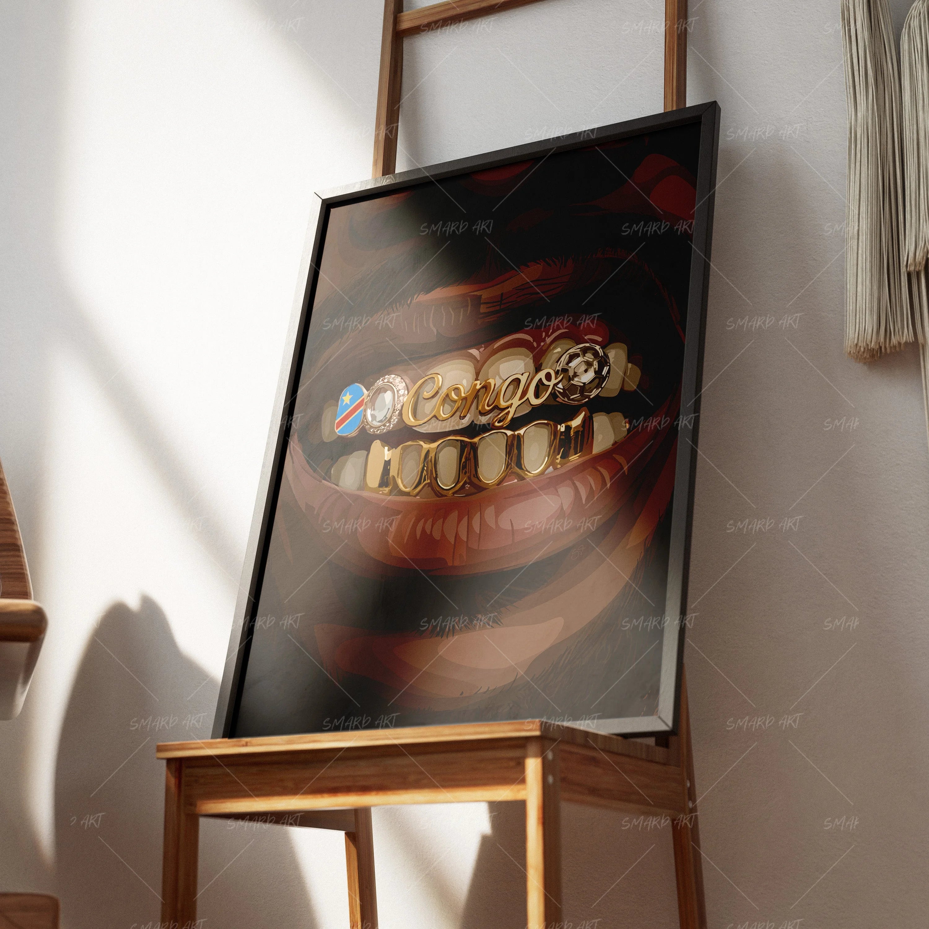 Congo Grillz-wall art print featuring decorative artistic design suitable for living rooms, offices, and schools by SmardArt. Elevate your space with Black wall art that speaks to culture, identity, and creativity. At Smard, we celebrate artistry made with melanin, bringing powerful and inspiring designs to life.