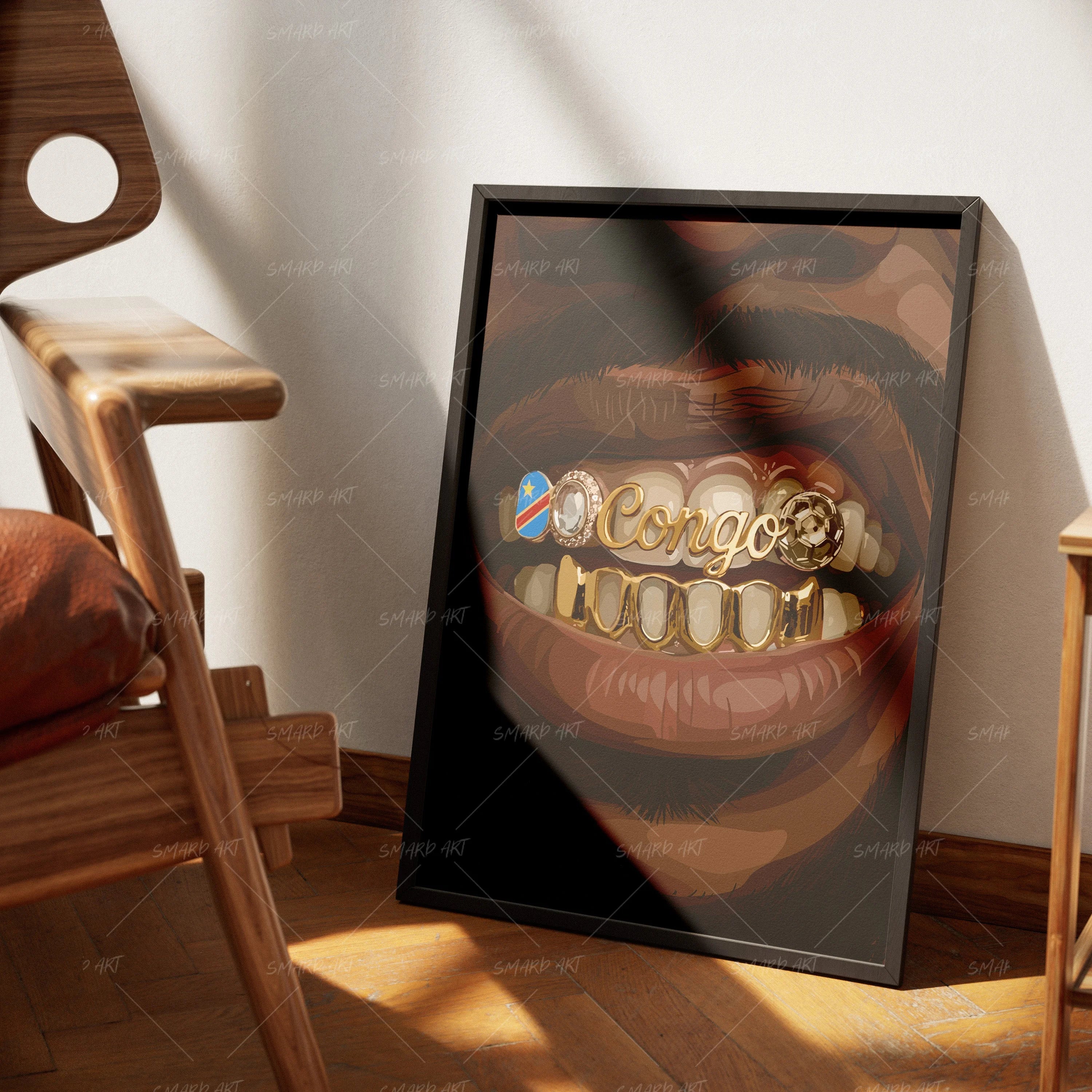 Congo Grillz-wall art print featuring decorative artistic design suitable for living rooms, offices, and schools by SmardArt. Elevate your space with Black wall art that speaks to culture, identity, and creativity. At Smard, we celebrate artistry made with melanin, bringing powerful and inspiring designs to life.