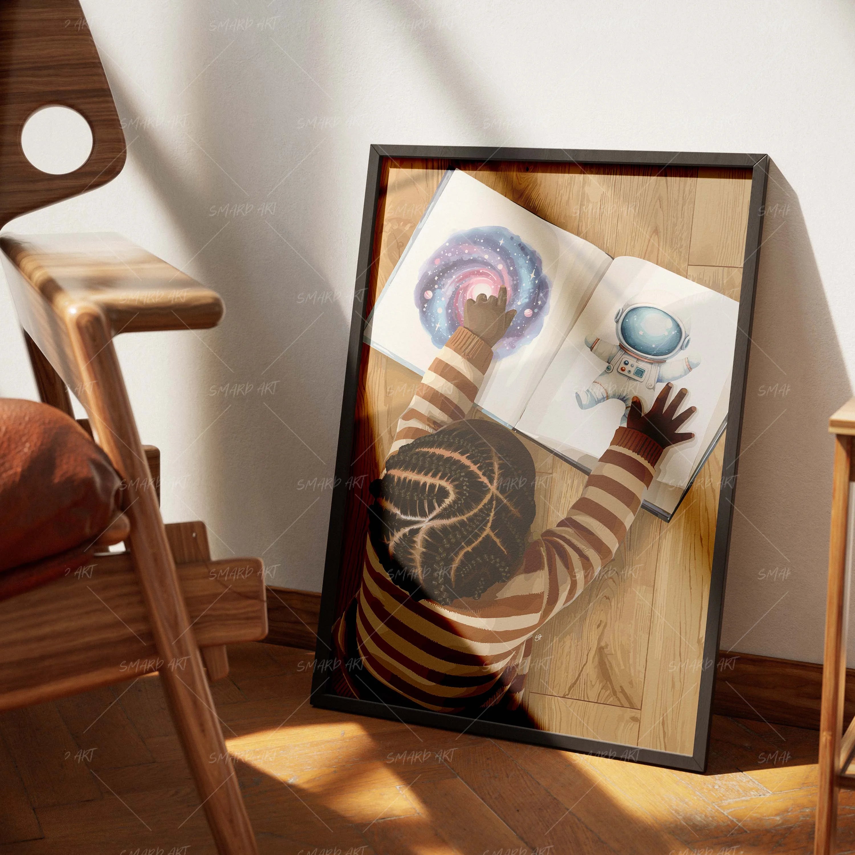 Cosmic Dreams-wall art print featuring decorative artistic design suitable for living rooms, offices, and schools by SmardArt. Elevate your space with Black wall art that speaks to culture, identity, and creativity. At Smard, we celebrate artistry made with melanin, bringing powerful and inspiring designs to life.