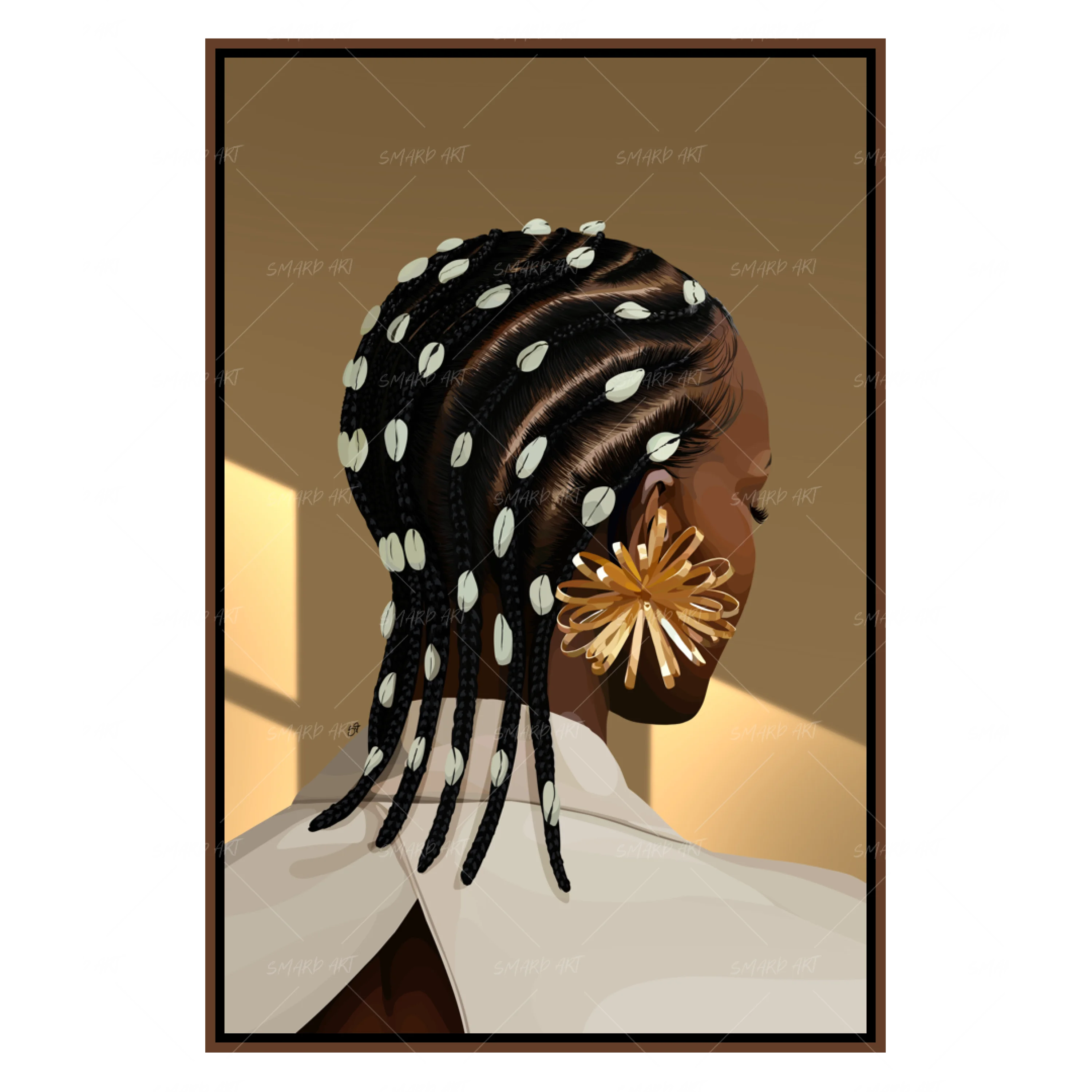 Cowrie Rows-wall art print featuring decorative artistic design suitable for living rooms, offices, and schools by SmardArt. Elevate your space with Black wall art that speaks to culture, identity, and creativity. At Smard, we celebrate artistry made with melanin, bringing powerful and inspiring designs to life.