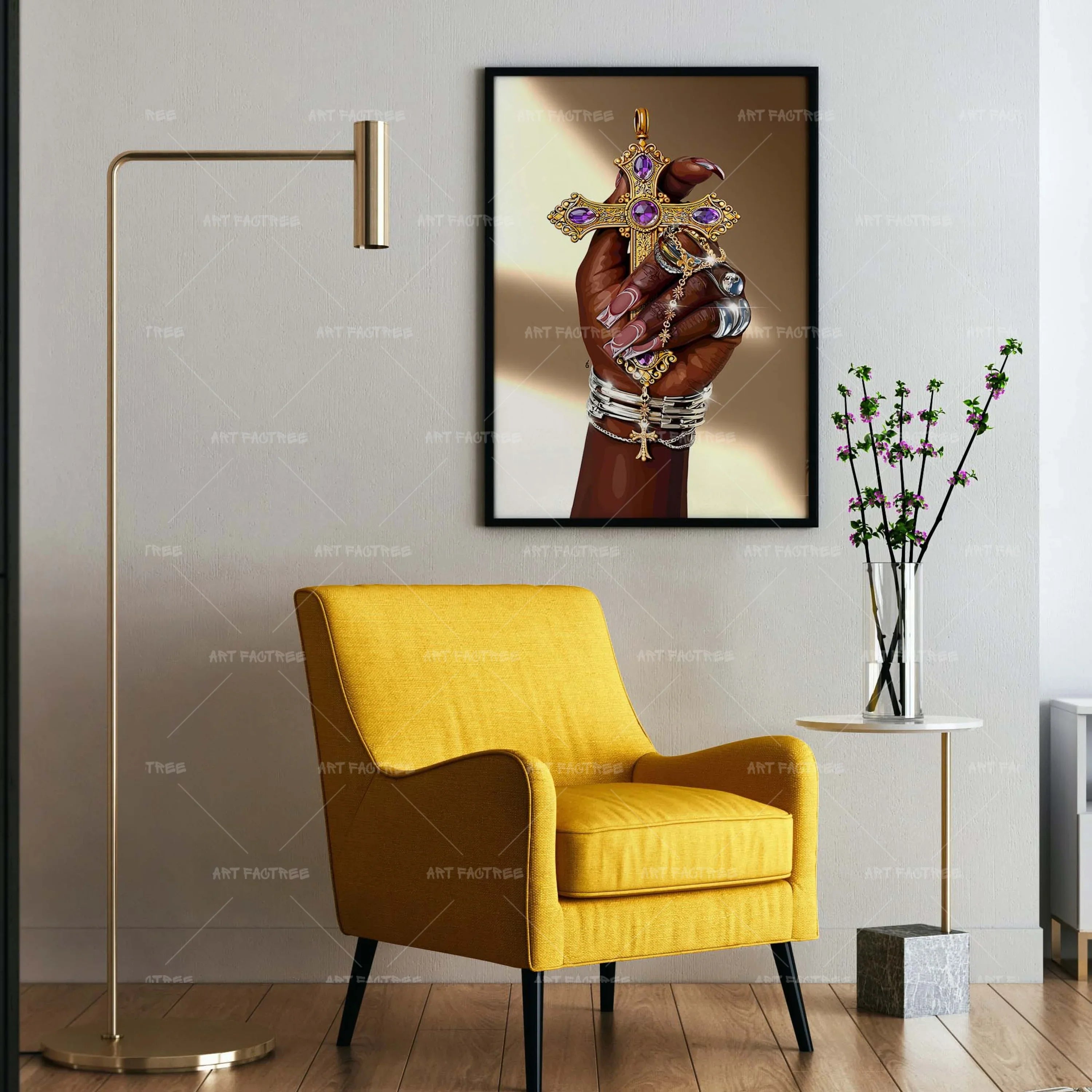 Cross in Hand (Smard X Anaya)-wall art print featuring decorative artistic design suitable for living rooms, offices, and schools by SmardArt. Elevate your space with Black wall art that speaks to culture, identity, and creativity. At Smard, we celebrate artistry made with melanin, bringing powerful and inspiring designs to life.