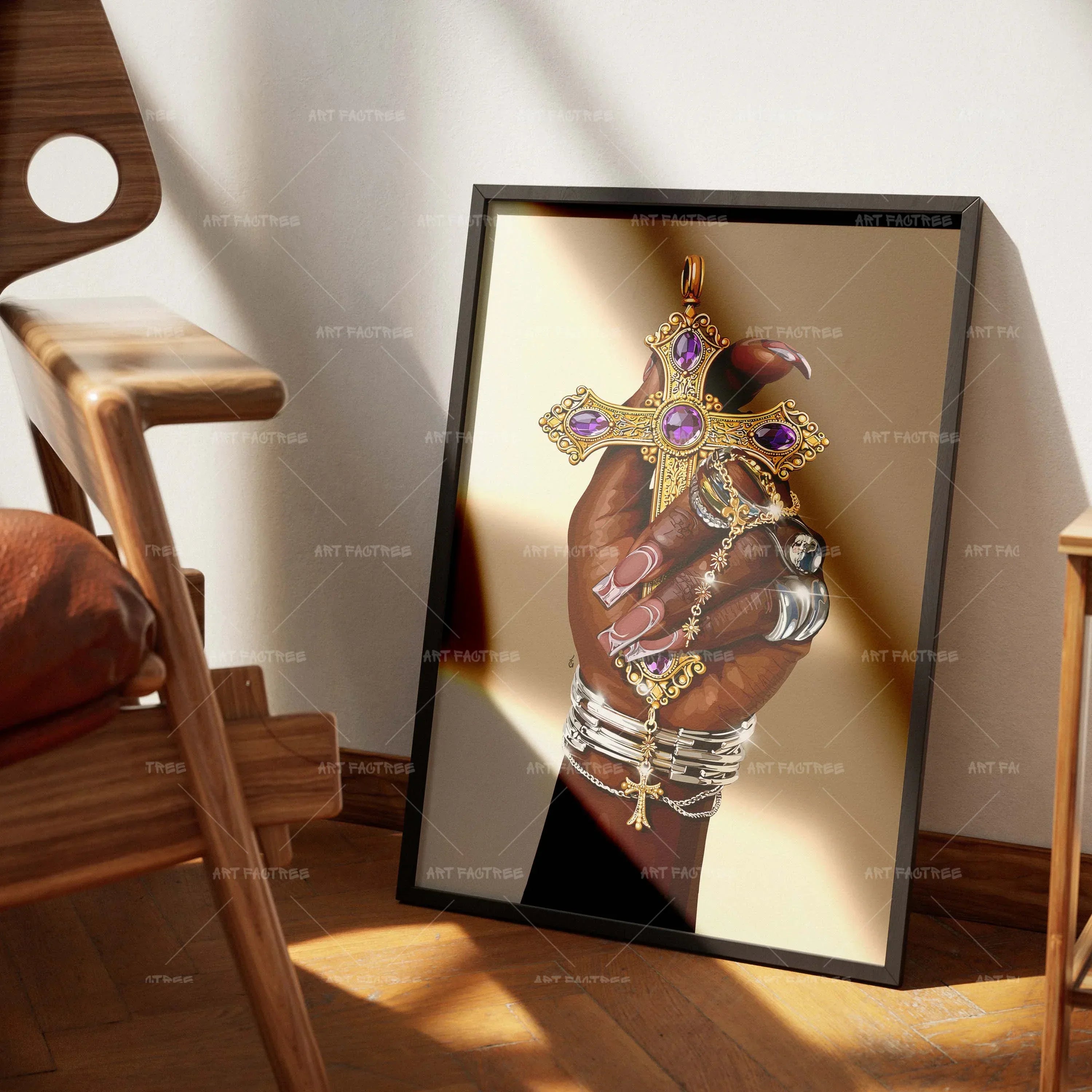 Cross in Hand (Smard X Anaya)-wall art print featuring decorative artistic design suitable for living rooms, offices, and schools by SmardArt. Elevate your space with Black wall art that speaks to culture, identity, and creativity. At Smard, we celebrate artistry made with melanin, bringing powerful and inspiring designs to life.