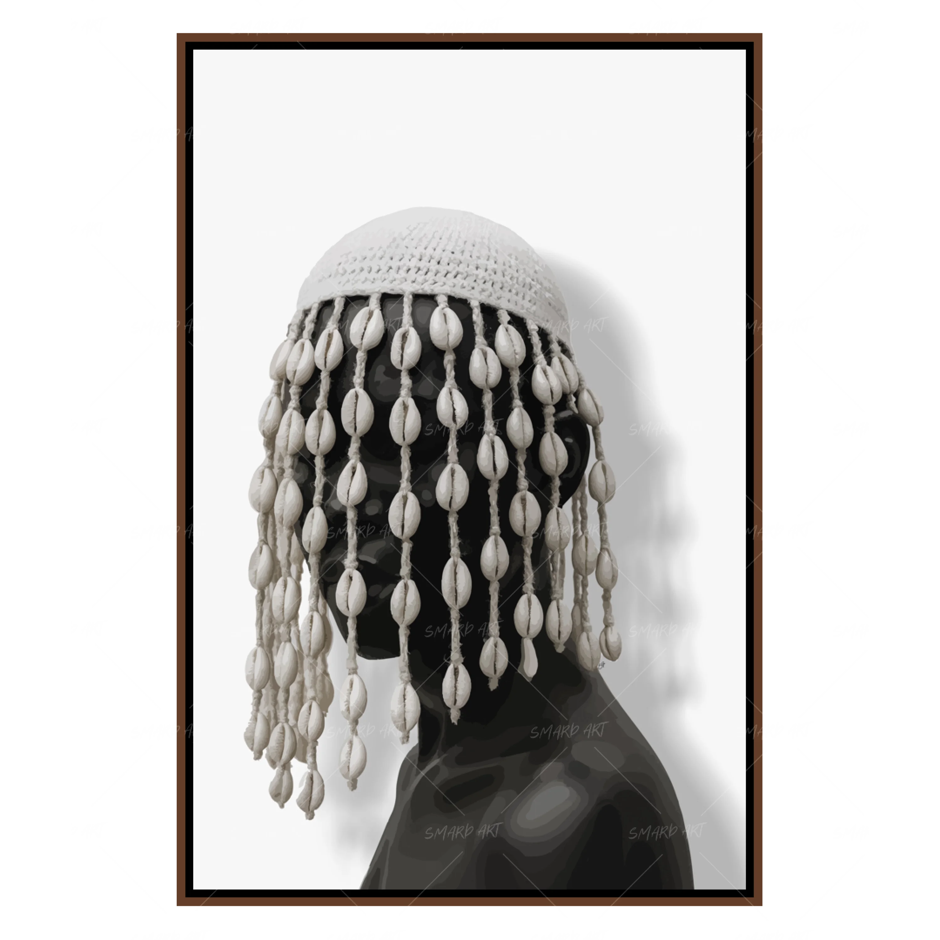 Crowned In Cowries-wall art print featuring decorative artistic design suitable for living rooms, offices, and schools by SmardArt. Elevate your space with Black wall art that speaks to culture, identity, and creativity. At Smard, we celebrate artistry made with melanin, bringing powerful and inspiring designs to life.