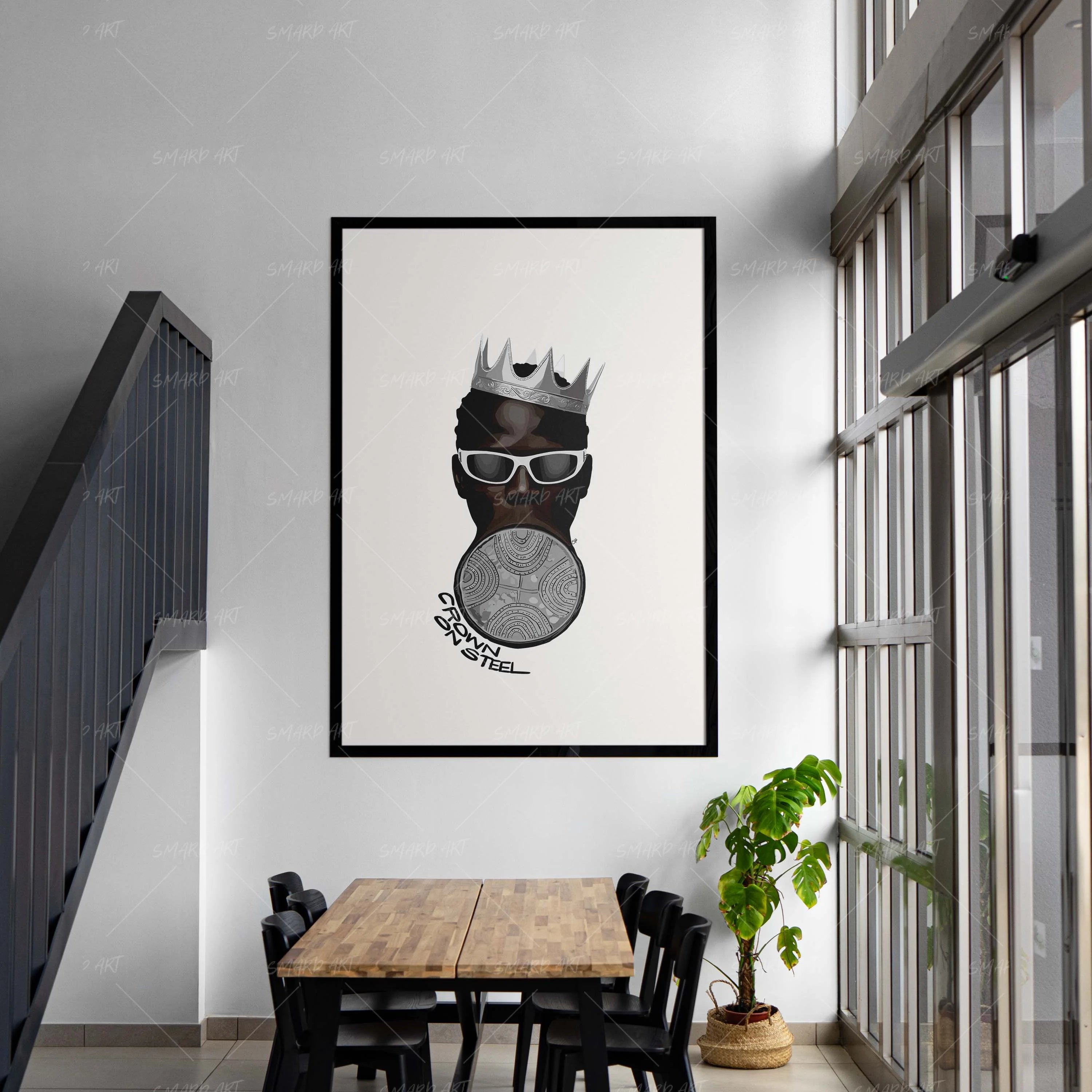 Crown On Steel-wall art print featuring decorative artistic design suitable for living rooms, offices, and schools by SmardArt. Elevate your space with Black wall art that speaks to culture, identity, and creativity. At Smard, we celebrate artistry made with melanin, bringing powerful and inspiring designs to life.
