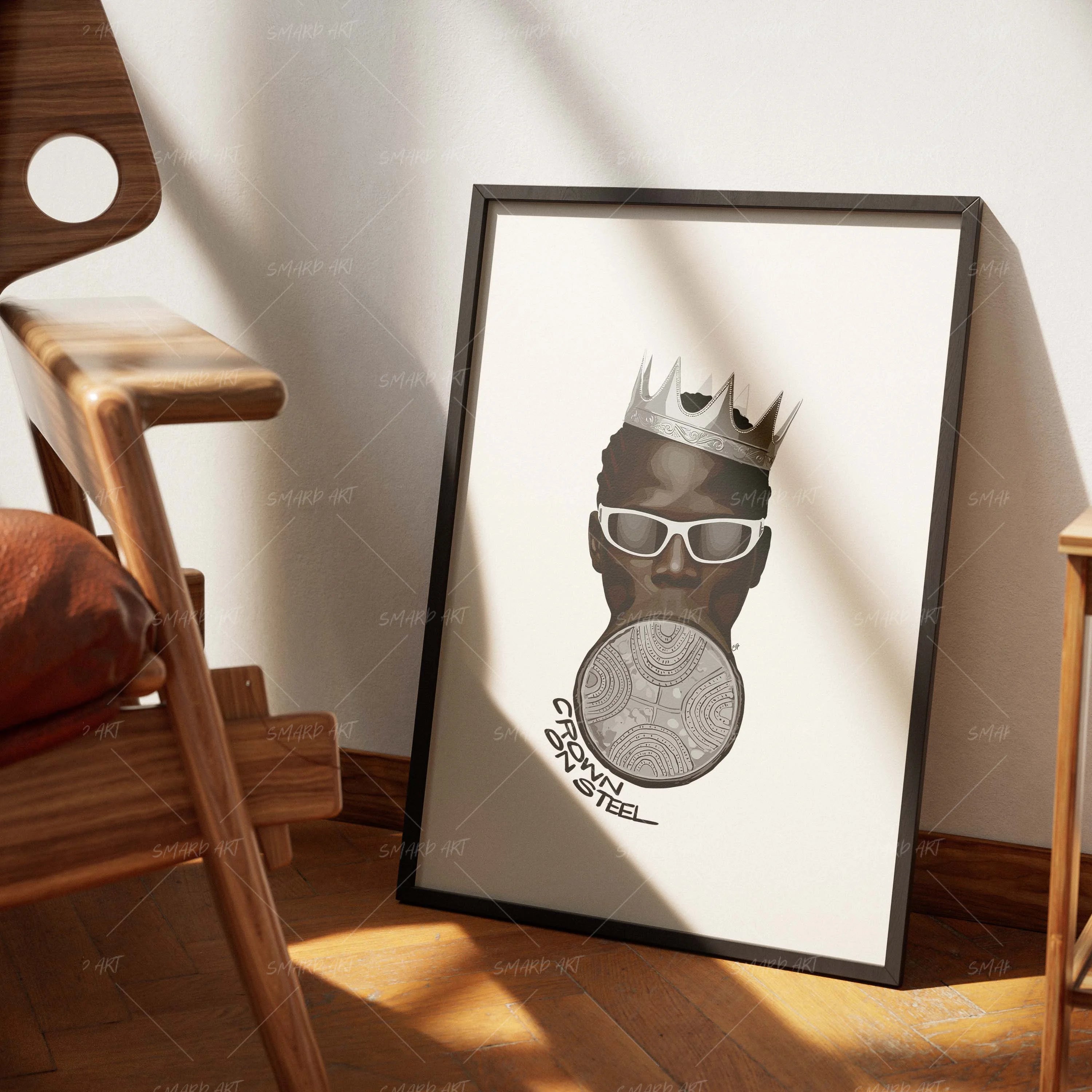 Crown On Steel-wall art print featuring decorative artistic design suitable for living rooms, offices, and schools by SmardArt. Elevate your space with Black wall art that speaks to culture, identity, and creativity. At Smard, we celebrate artistry made with melanin, bringing powerful and inspiring designs to life.